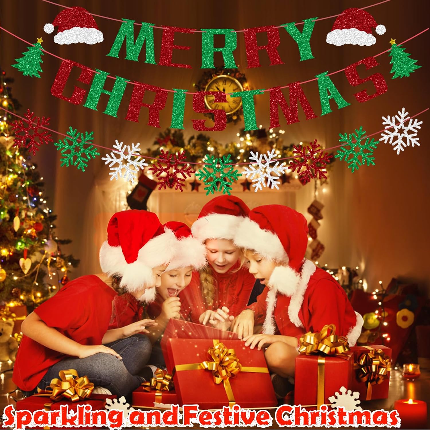 Merry Christmas Banner, Hanging Christmas Banner Decorations, Glitter Paper Xmas Banners Gifts For Inside, Home Office Merry Decorations Merry Decor For Party Fireplace Holiday Ornamentation