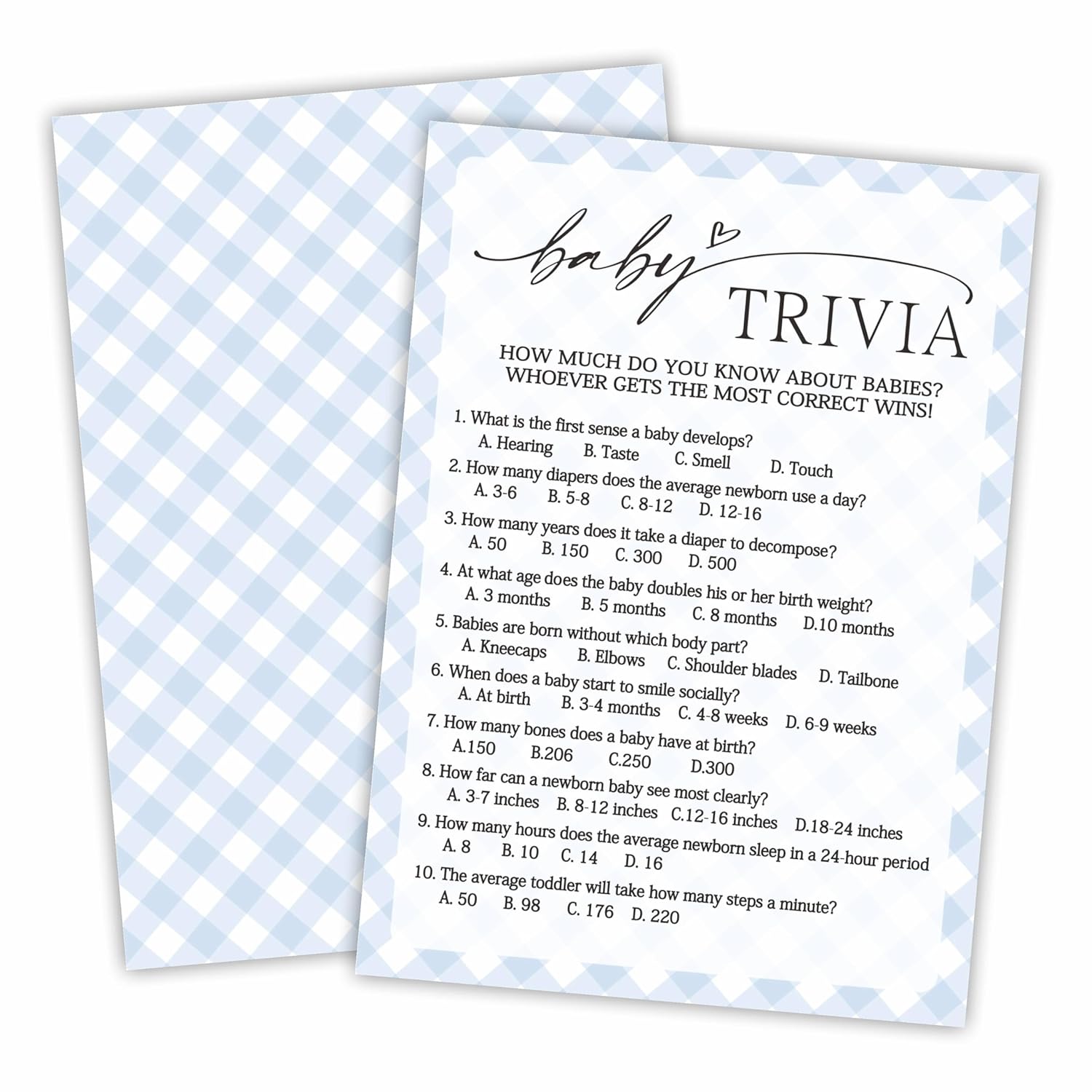 Baby Trivia Baby Shower Game Cards, Fun Games For Boy Or Girl, Gender Neutral Modern Minimal Design, Party Activities, 30 Game Cards + 1 Answer Card 5X7 Inches (Blue) - A07