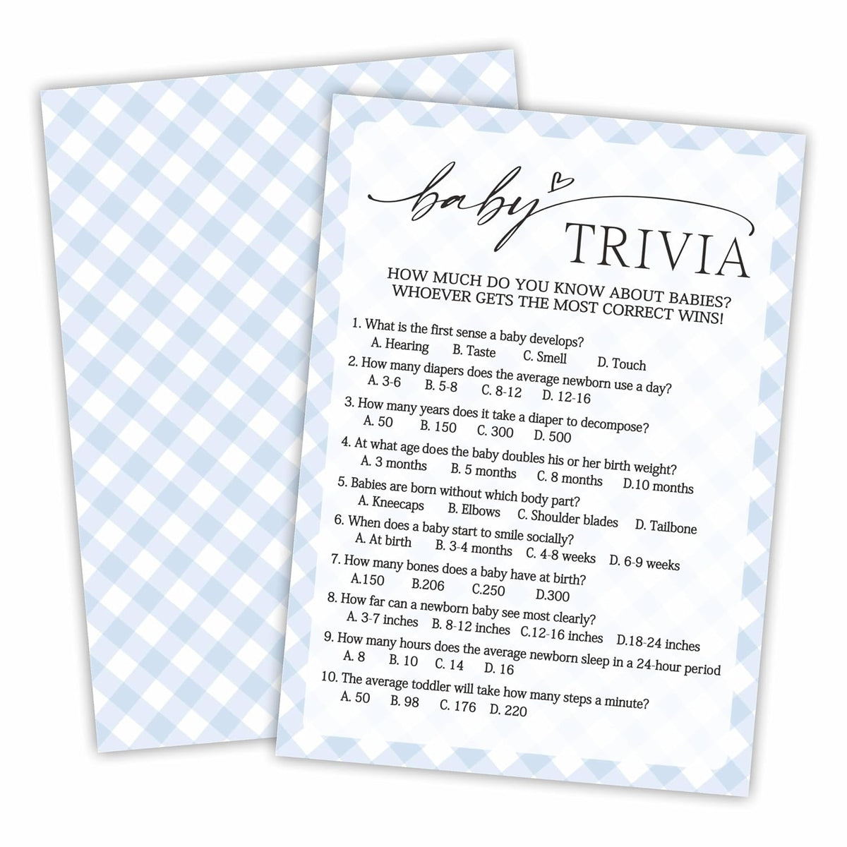 Baby Trivia Baby Shower Game Cards, Fun Games For Boy Or Girl, Gender Neutral Modern Minimal Design, Party Activities, 30 Game Cards + 1 Answer Card 5X7 Inches (Blue) - A07