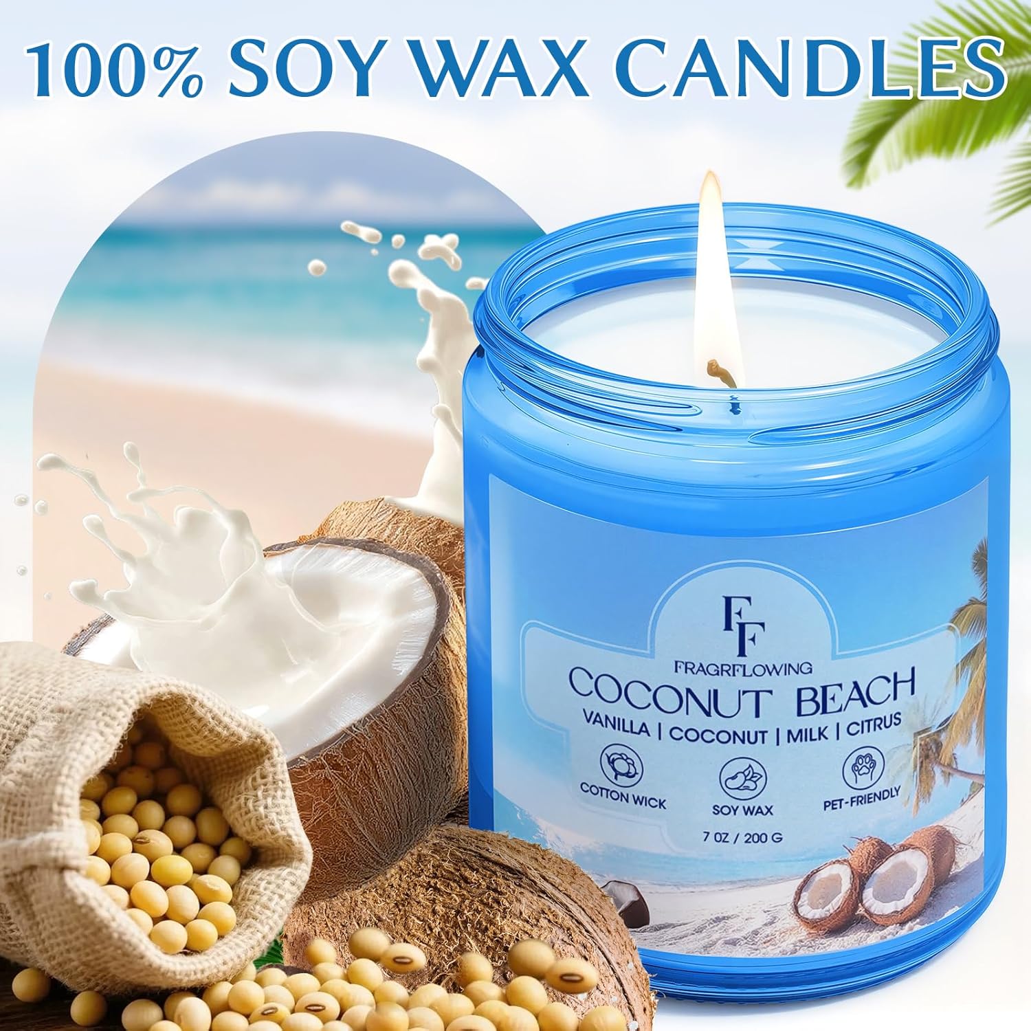 Coconut Beach Scented Candle, Natural Soy Wax Jar Candle For Home Scented, 100-Hour Burn Time Gifts For Women Men, 7 Oz (2 Pack)