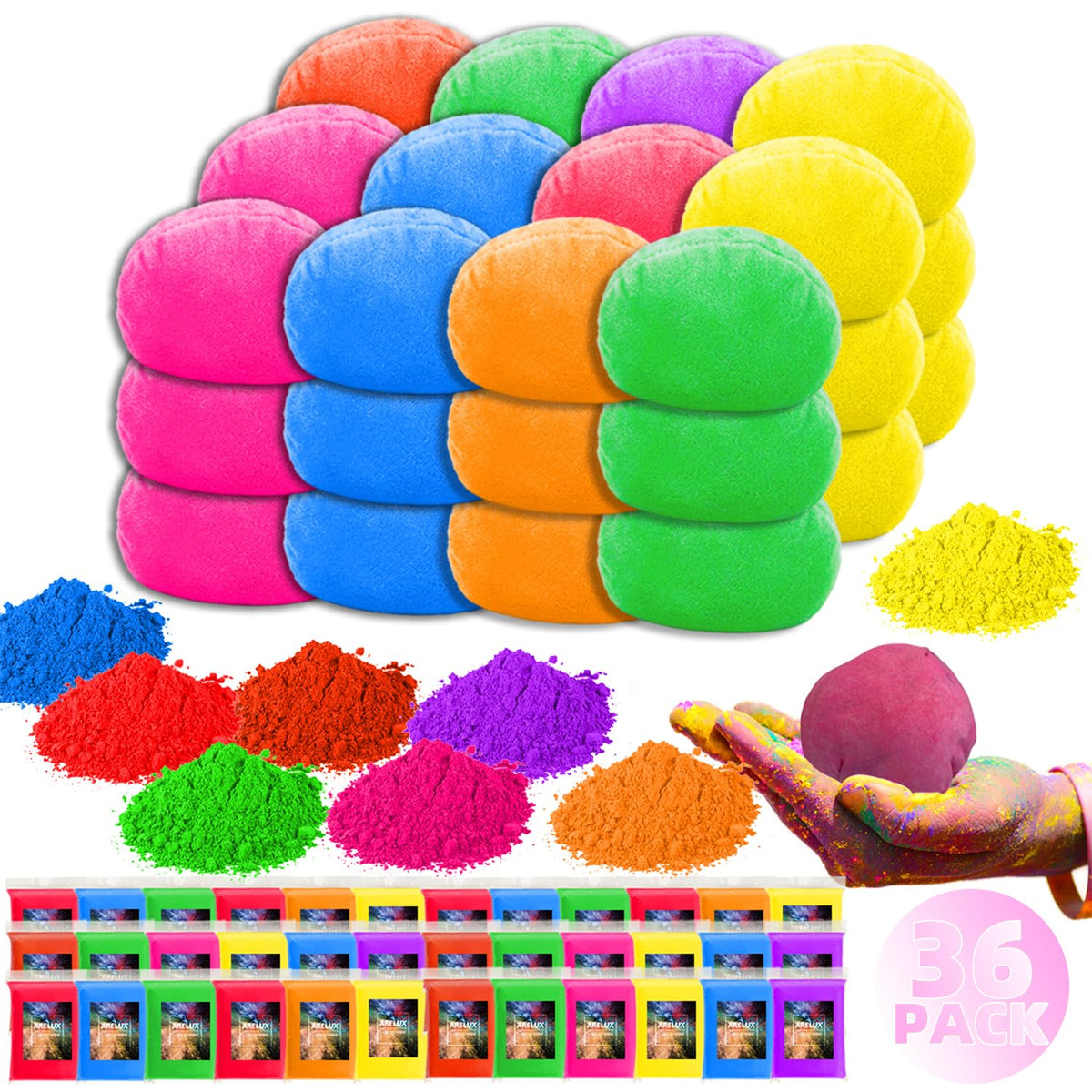 Holi Powder Color Run Powder Balls 36 Pack 80G Each Natural, Throwing Balls Of Washable Chalk Powder Paint For Color War, Rangoli, Fun Run, Party & Festival