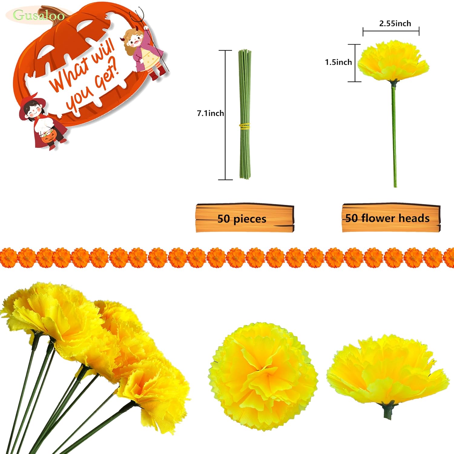 Marigold Flower Heads Bulk 50Pcs, Marigold Artificial Flowers For Diwali Home Decor Diy Wreath Garland Craft Wedding Party Day Of The Dead Decoration Halloween Dia De Los Muertos Decor(Yellow)