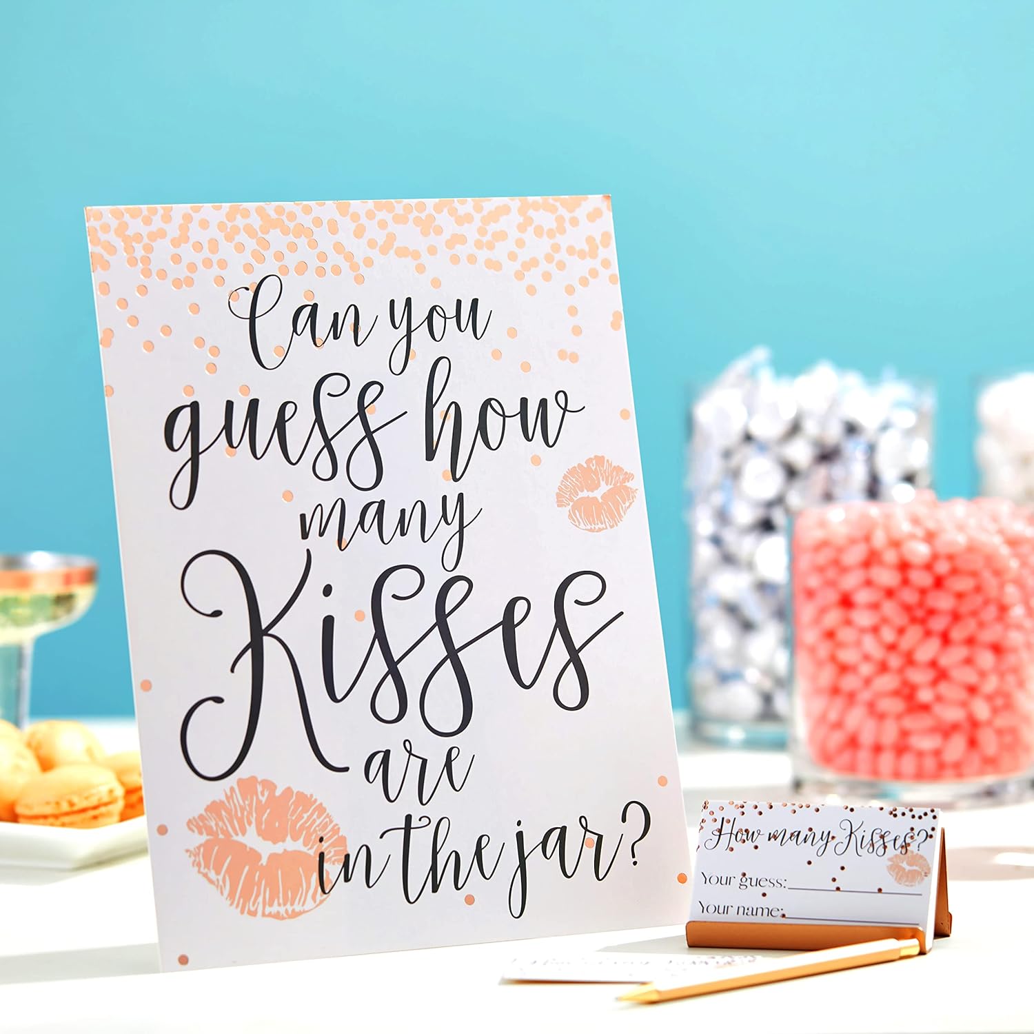 Bridal Shower Games Guess How Many Kisses Challenge - 11 X 8.5 In Sign & 60 Cards, Pink Polka Dots - Engagement Games