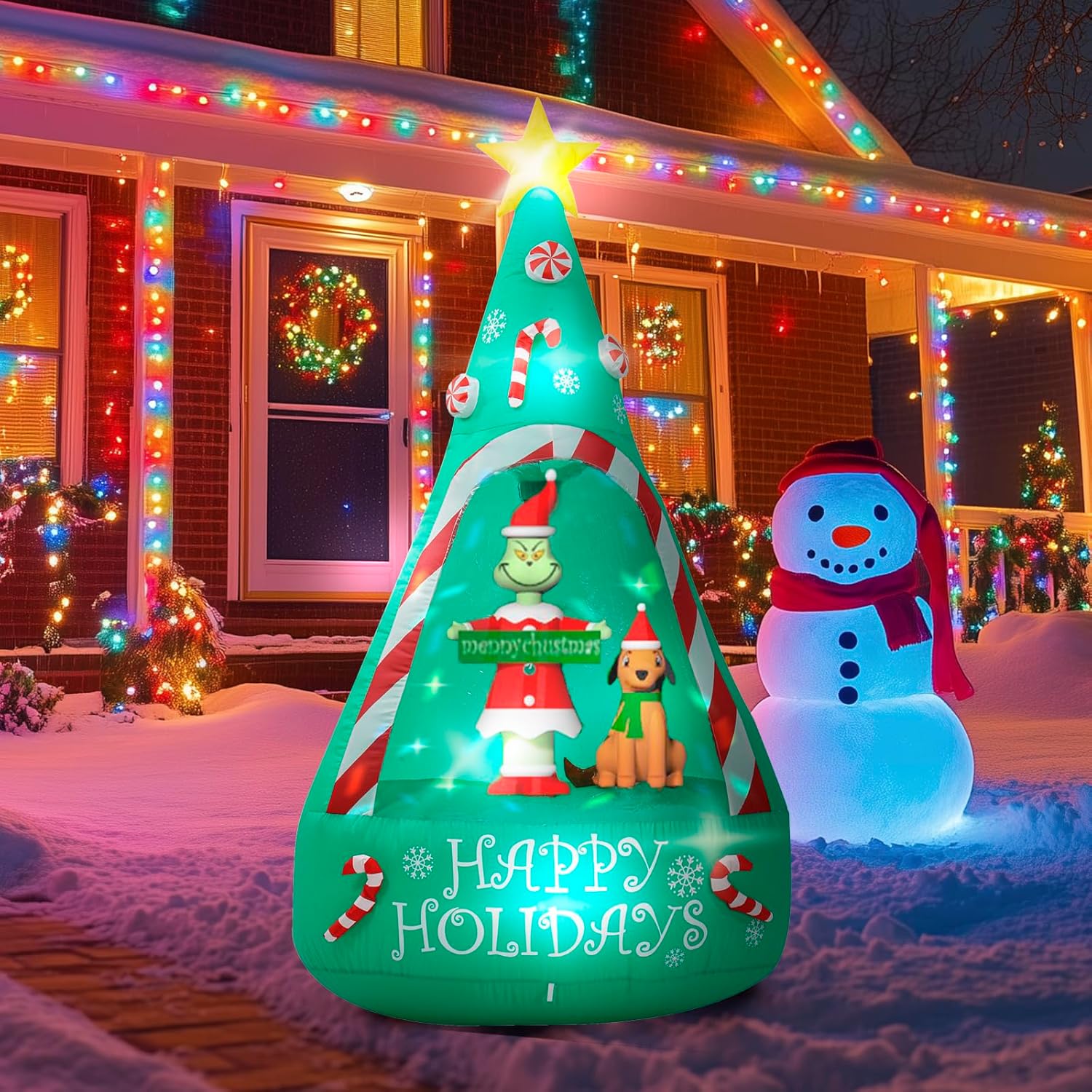 Christmas Green Big Monster Inflatable Decorations, 6Ft Light Up Christmas Inflatable Tree Outdoor Decorate Build-In 5 L