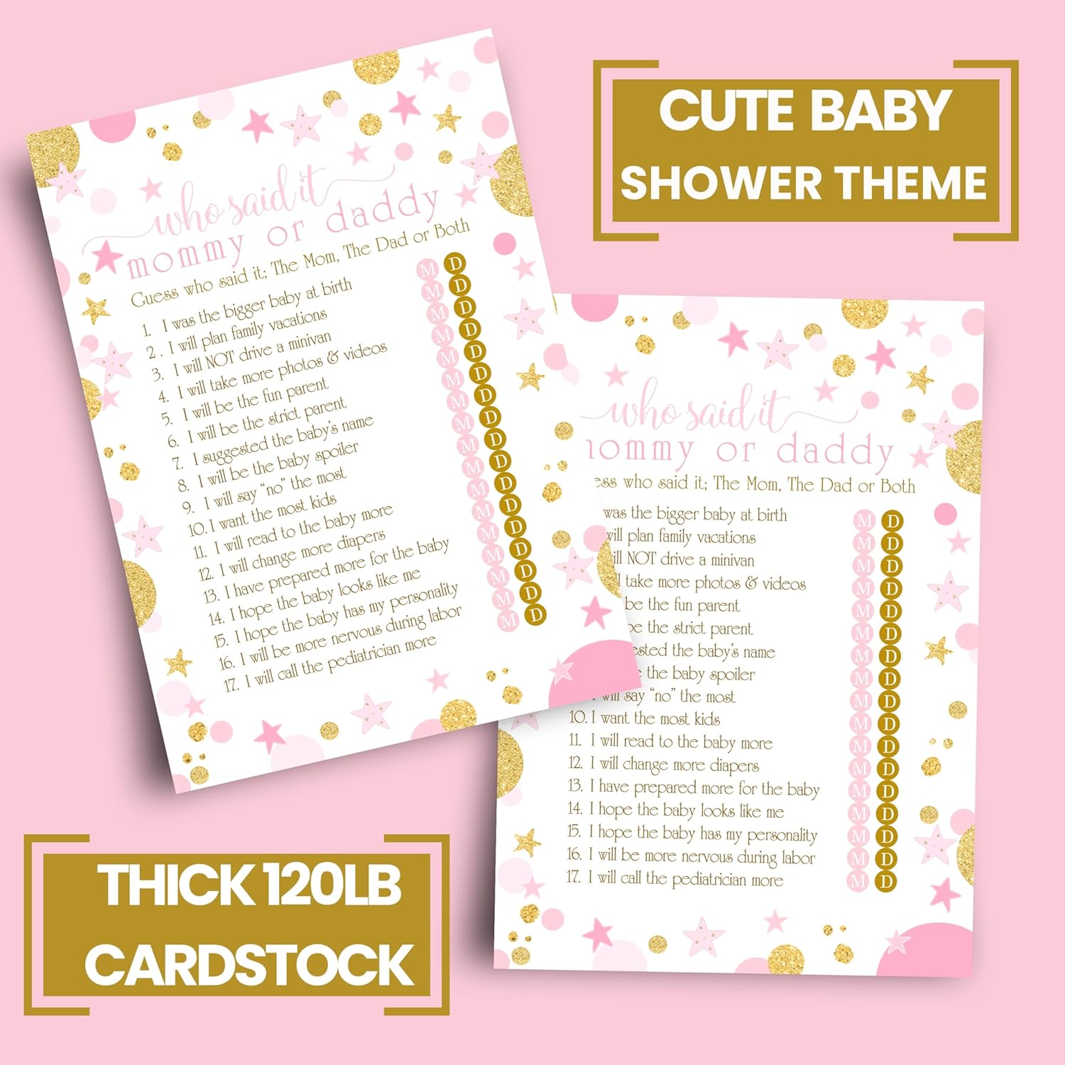 Pink And Gold Baby Shower Game For Girls - 25 Guess Who Mommy Or Daddy Game Cards - Fun Guessing Activities For Guests With Prizes - Star And Moon Theme