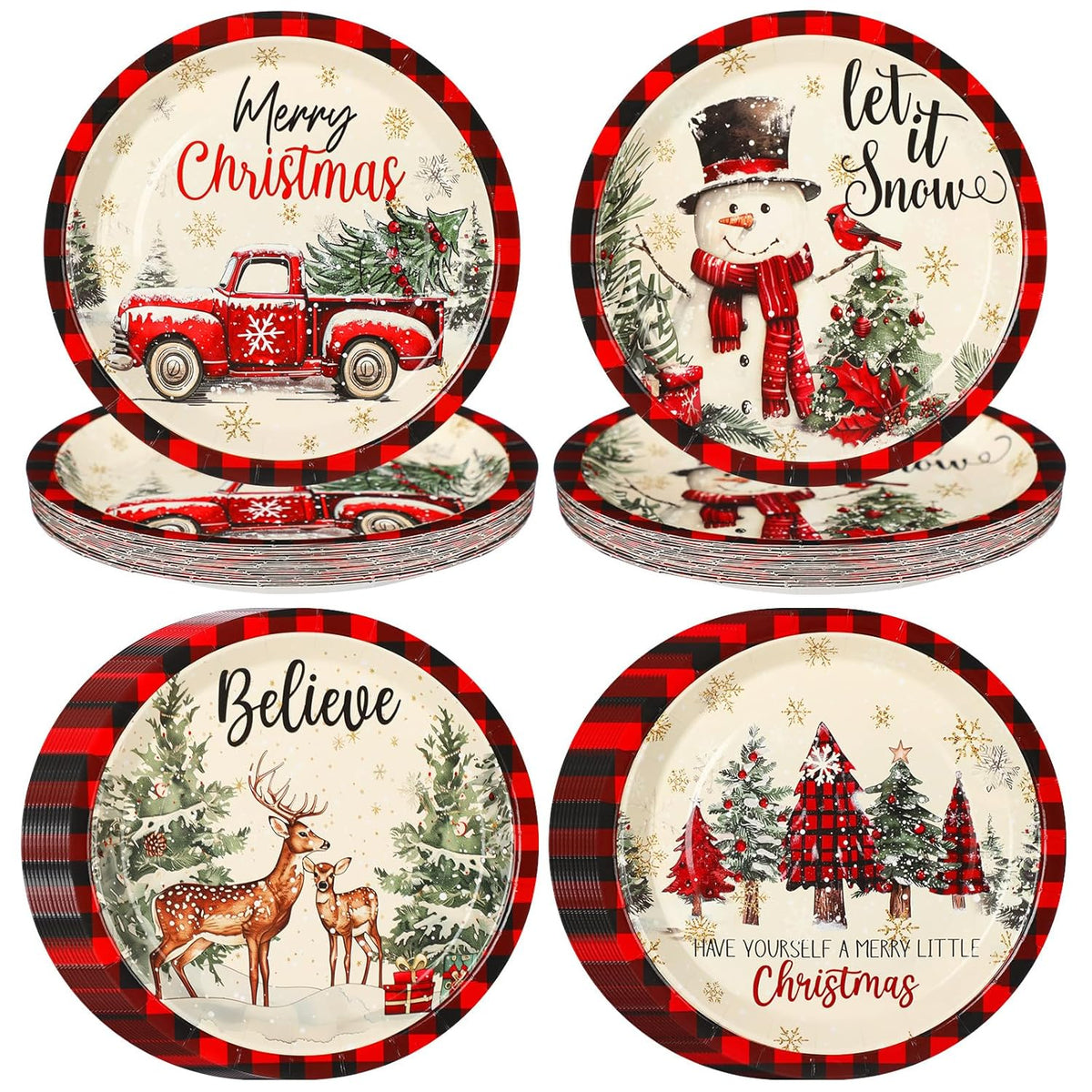 100 Pcs Christmas Paper Plates Disposable 9 Inch Black And Red Plaid Snowman Dinner Round Plates For Xmas Holiday Birthday Party Table Decor
