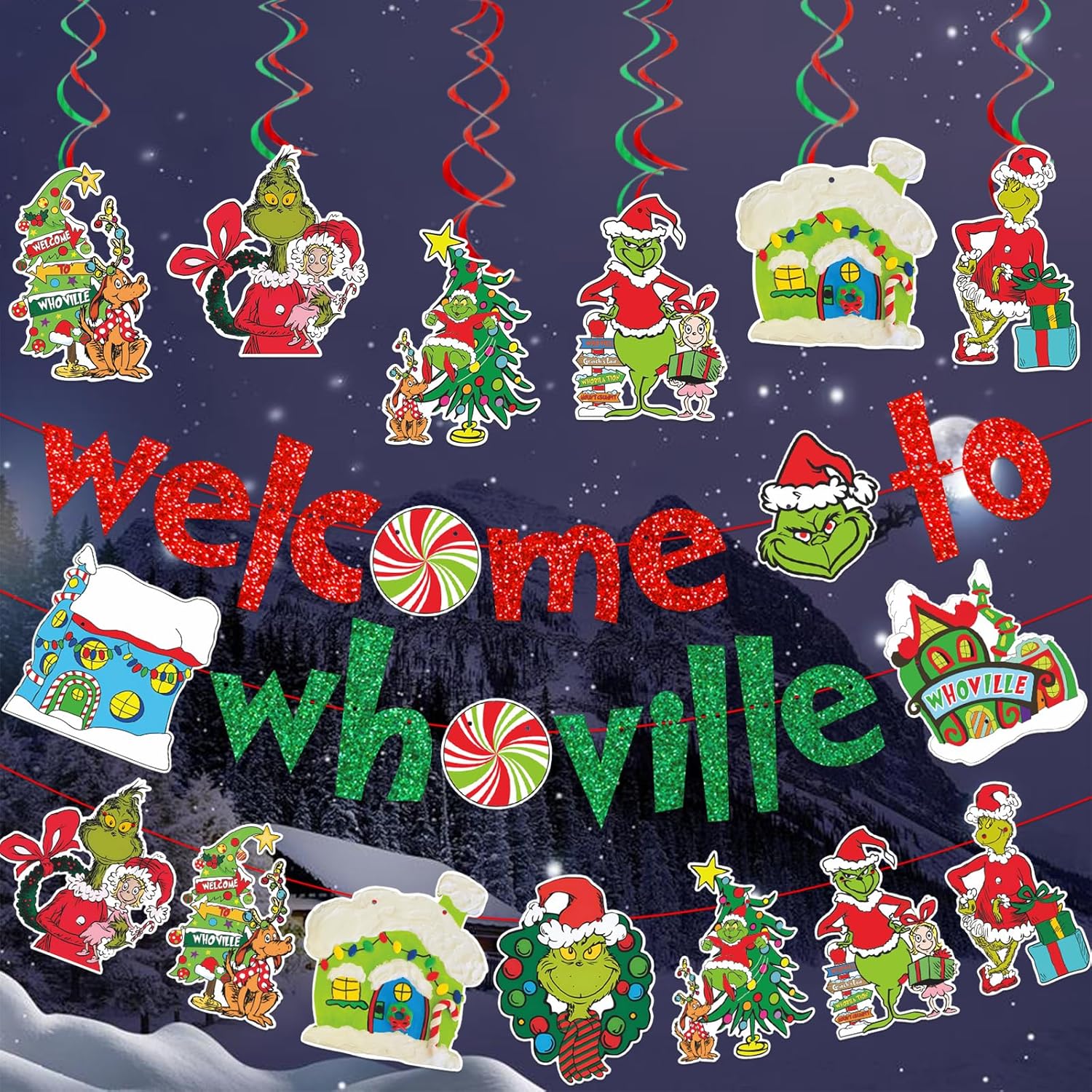 Red And Green Welcome To Whoville Banner And Christmas Hanging Decorations For Kids Boy And Girl Merry Christmas Decorations For Toy And Game