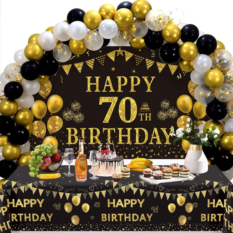 70Th Birthday Decorations Men Women - Black Gold Happy 70 Birthday Bac