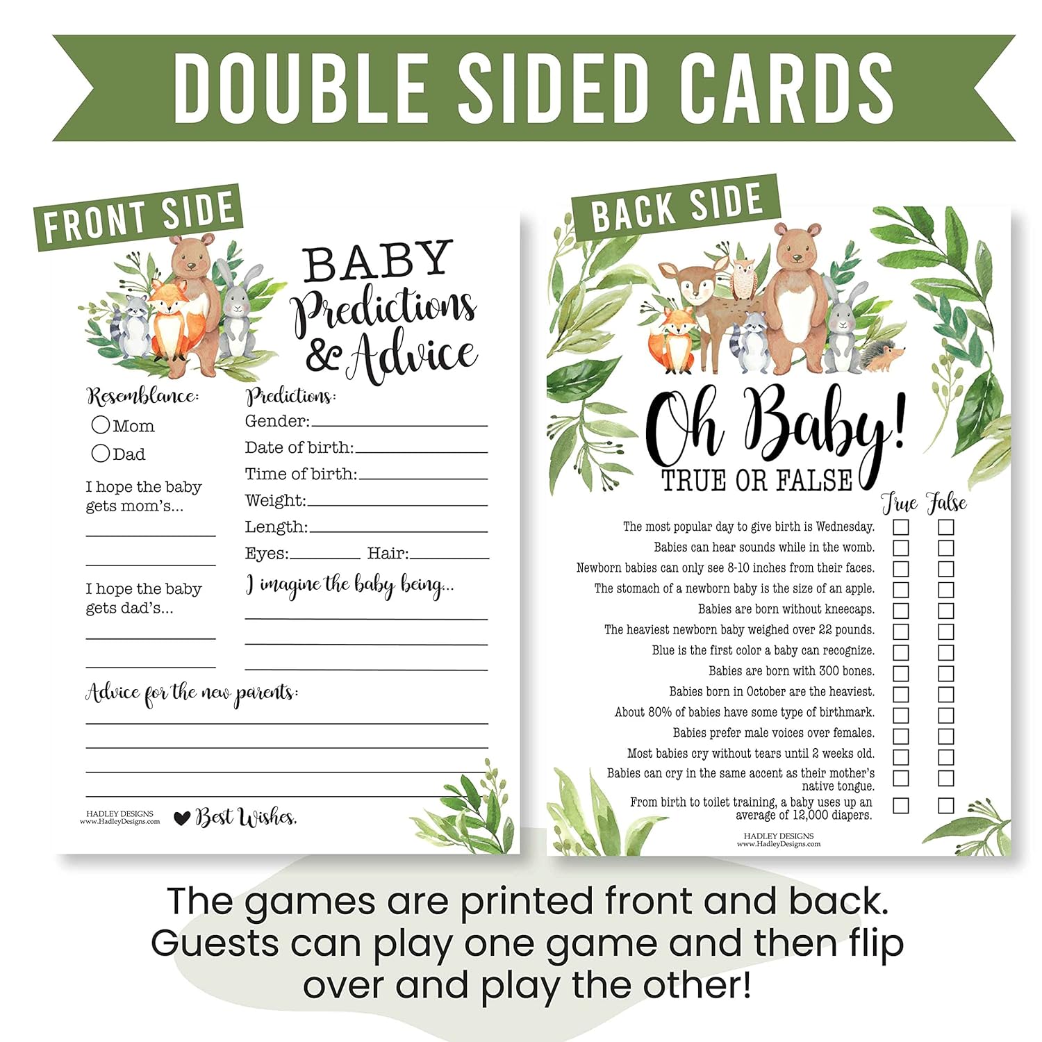 Baby Shower Games For 25 Guests - Woodland Baby Predictions & Advice Cards For New Parents, Trivia, Word Scramble, True Or False Babyshower Games Boy Girl Gender Neutral, Made In Usa