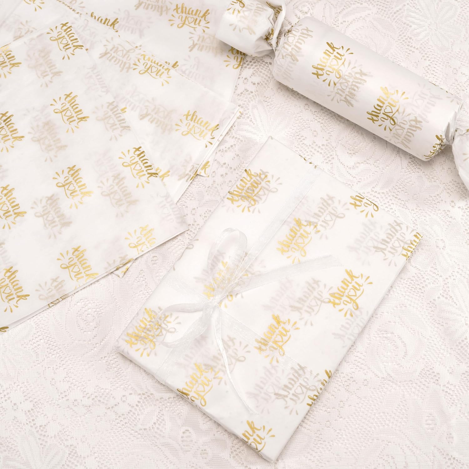 100 Sheets Golden Thank You Tissue Paper For Gift Bags,20X14 Inch Gift Wrapping Paper For Bridal Shower Birthday (White)