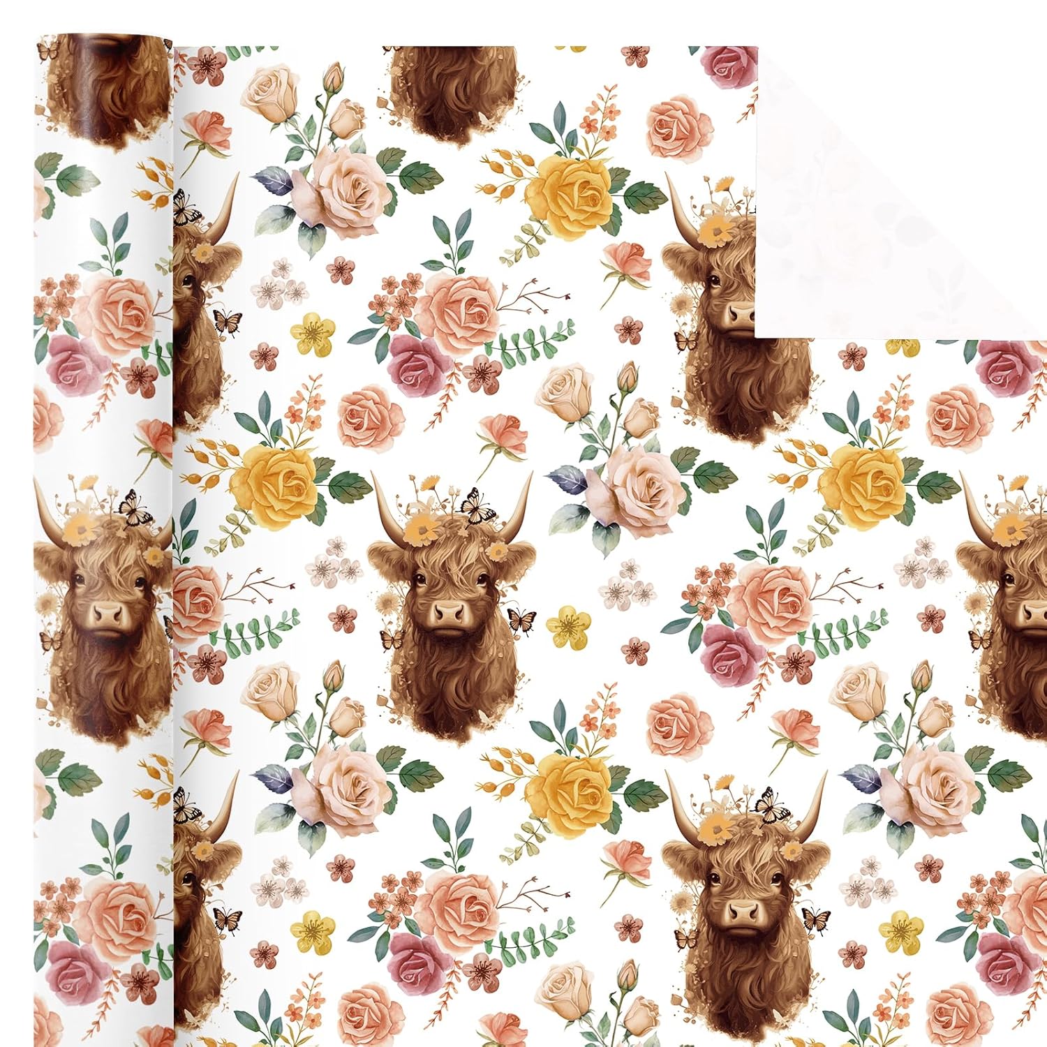 Highland Cow Wrapping Paper Roll - Mini Roll - 17 Inch X 16.5 Feet - Highland Cow And Floral Wrapping Paper For Birthday, Baby Shower, Wedding