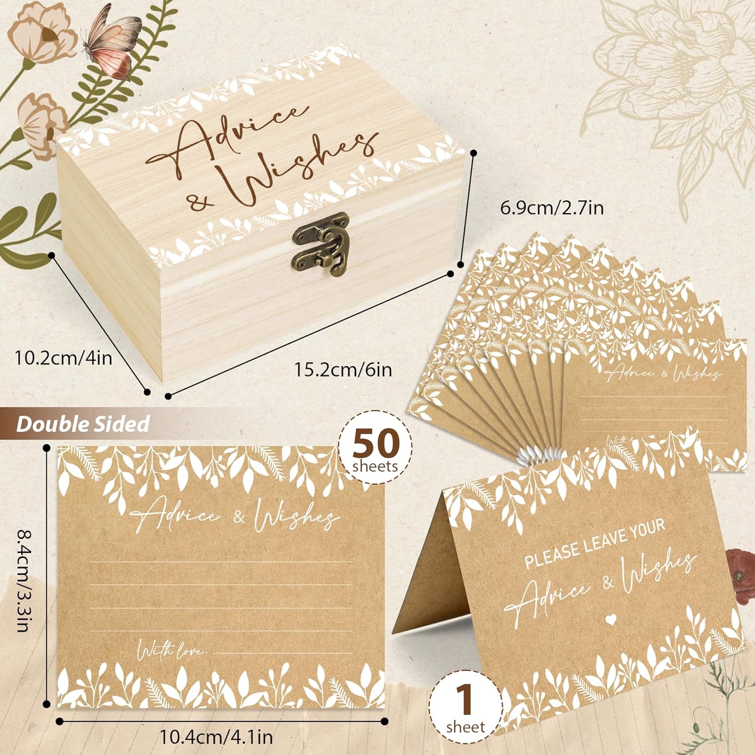 52 Pcs Wedding Rustic Leaf Advice Cards Box Set Baby Shower Party Decor Included 1 Wood Box 1 Showing Card And 50 Wishes Cards Game Ideas Themed Birthday Bridal Shower