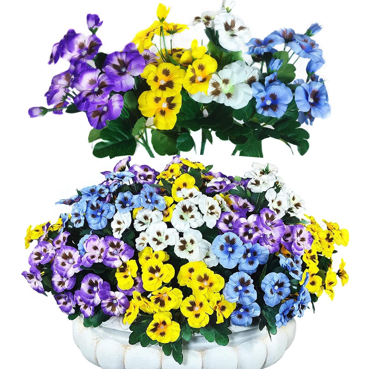 12 Bundles Artificial Flowers Outdoor Uv Resistant Artificial Pansies Faux Plastic Flower In Bulk Fake Outdoor Plants (12, White/Purple/Blue/Yellow)