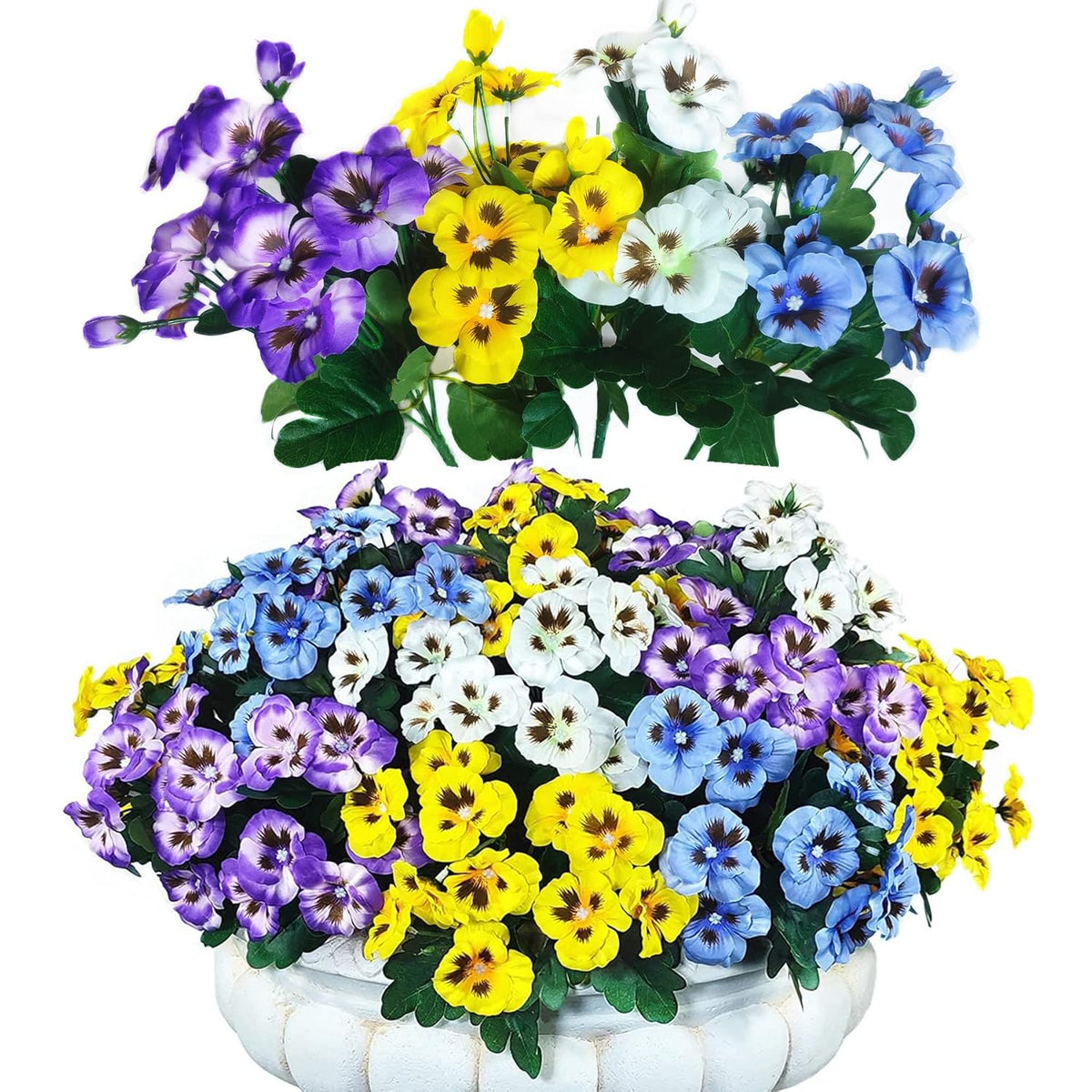 12 Bundles Artificial Flowers Outdoor Uv Resistant Artificial Pansies Faux Plastic Flower In Bulk Fake Outdoor Plants (12, White/Purple/Blue/Yellow)