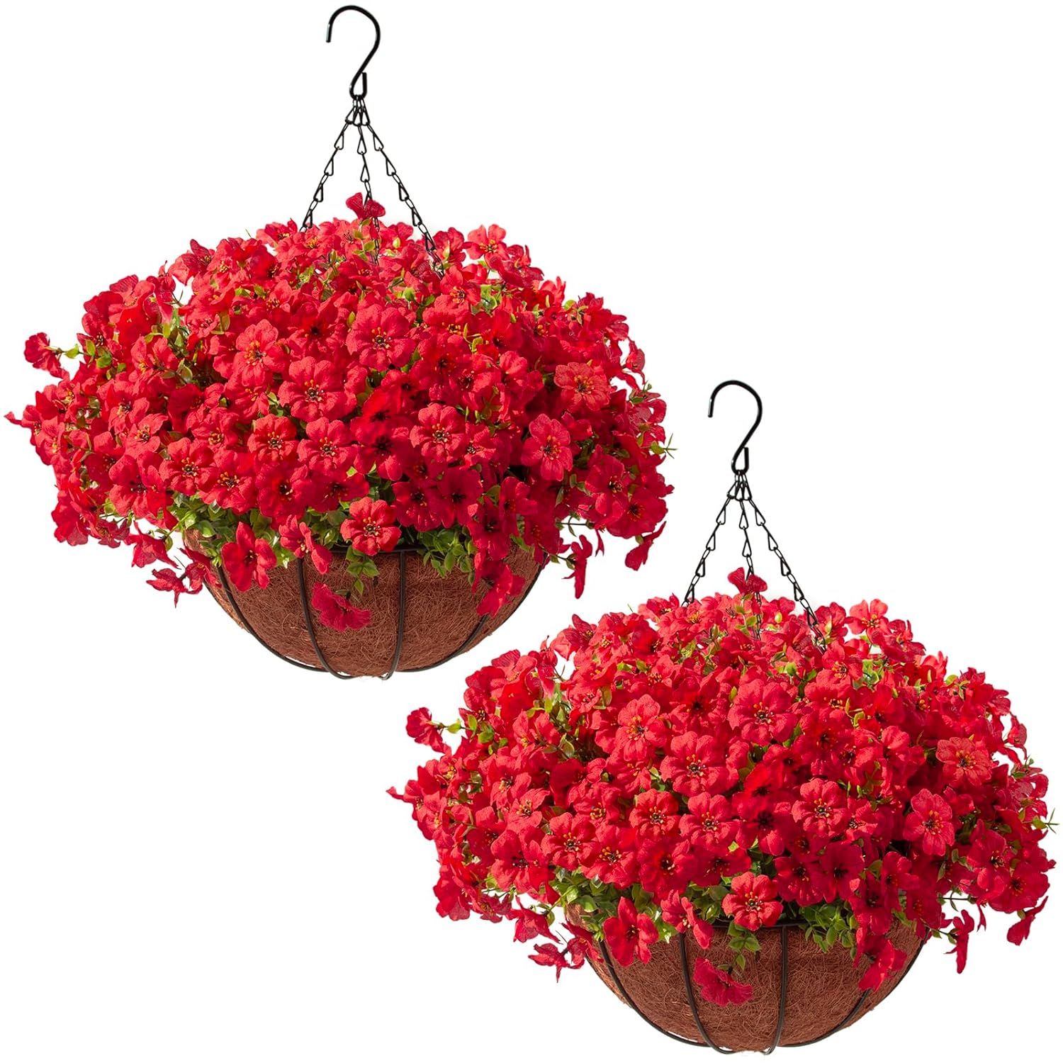 24 Pcs Artficial Outdoor Flowers With Hanging Baskets, 2 Pack Hanging Planter With Red Outdoor Spring Flowers For Christmas Porch Home Patio Yard Decor (2, Red)