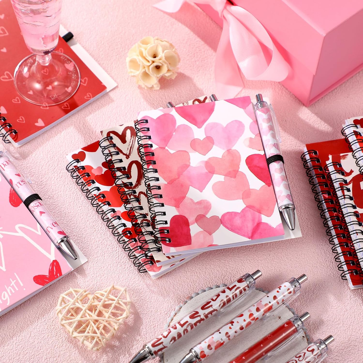 12 Sets Valentine'S Day Heart Notebook Bulk Valentine'S Day Gifts 5.5 X 4.3'' Valentines Pink Spiral Notebook Ballpoint Pens For Family Girls Friends Party Lover