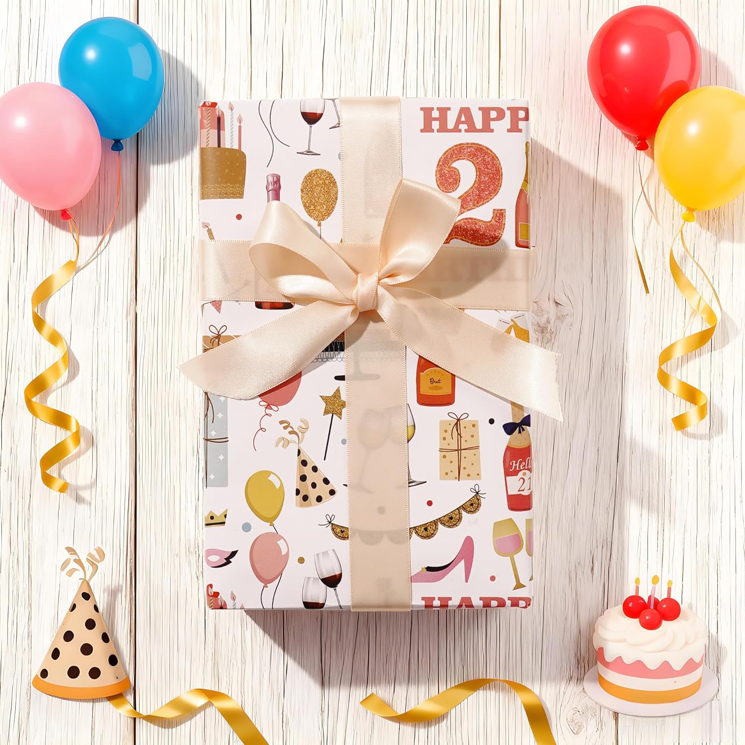 21St Birthday Wrapping Paper Roll For Girls, 17 In X 16.4 Ft, Mini Roll - Pink Champagne Balloons Happy Birthday Wrapping Paper With Cake Cheers To 21, Perfect For Girls Alcohol Theme Party