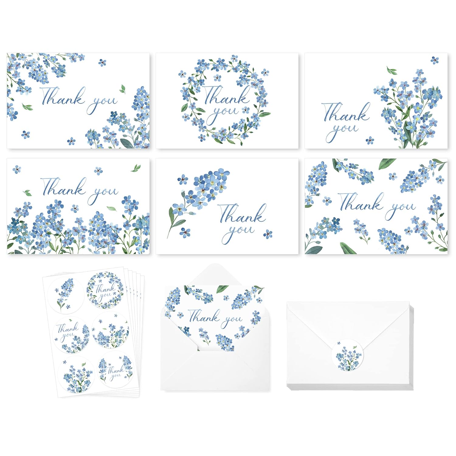 36 Pack Blue Floral Thank You Cards Bulk Forget-Me-Not Myosotis Sylvatica Flower Greeting Cards With Envelope Sticker Thank You Note Cards For Wedding Birthday Baby Shower Bridal Party