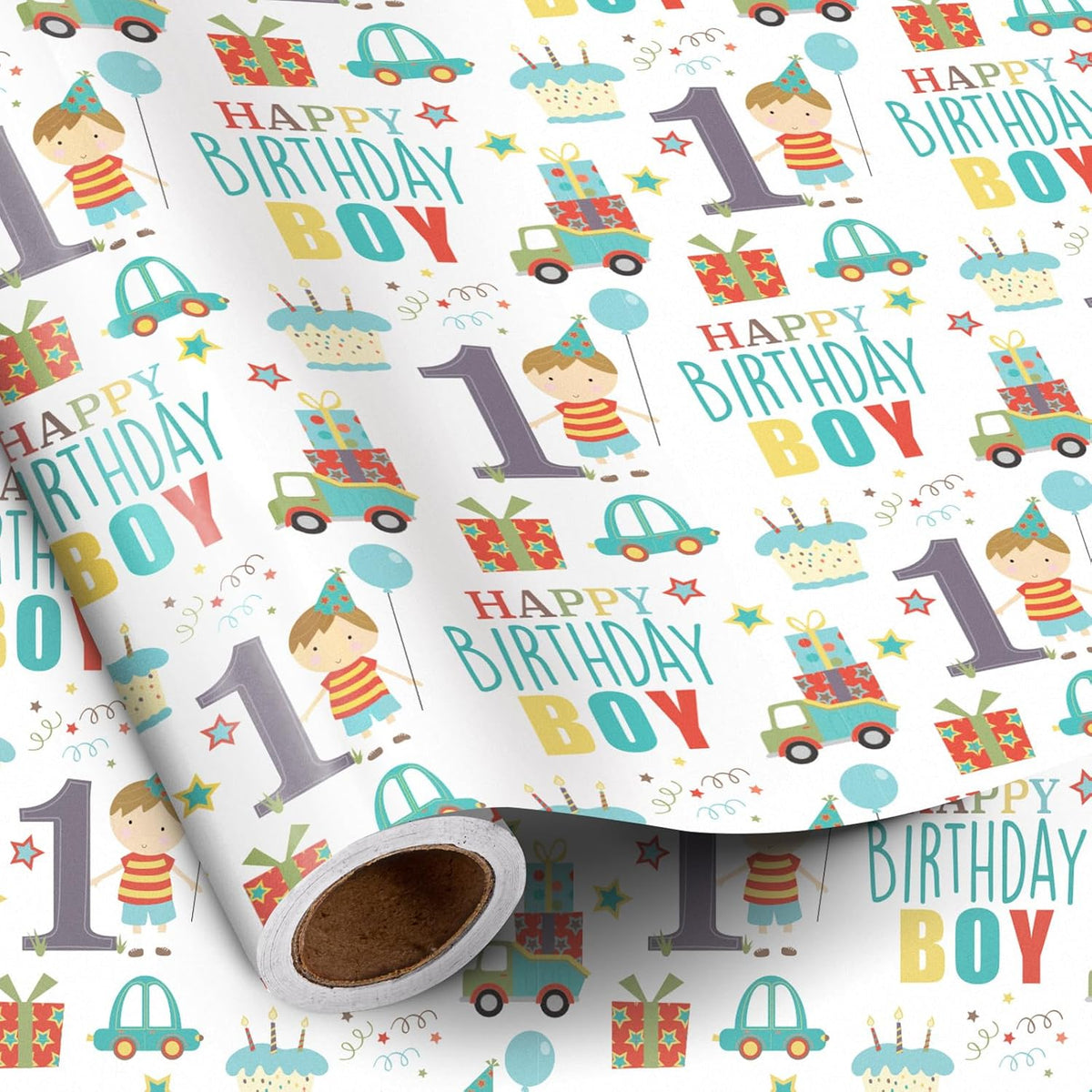 Happy 1St Birthday Wrapping Paper Roll For Boys, Mini Roll, Blue Cute Boy, Gift, Car And Cake Pattern Gift Wrap Paper For Birthday Party And More, 17 Inches X 16.4 Feet, 1 Year Old