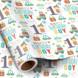 Happy 1St Birthday Wrapping Paper Roll For Boys, Mini Roll, Blue Cute Boy, Gift, Car And Cake Pattern Gift Wrap Paper For Birthday Party And More, 17 Inches X 16.4 Feet, 1 Year Old