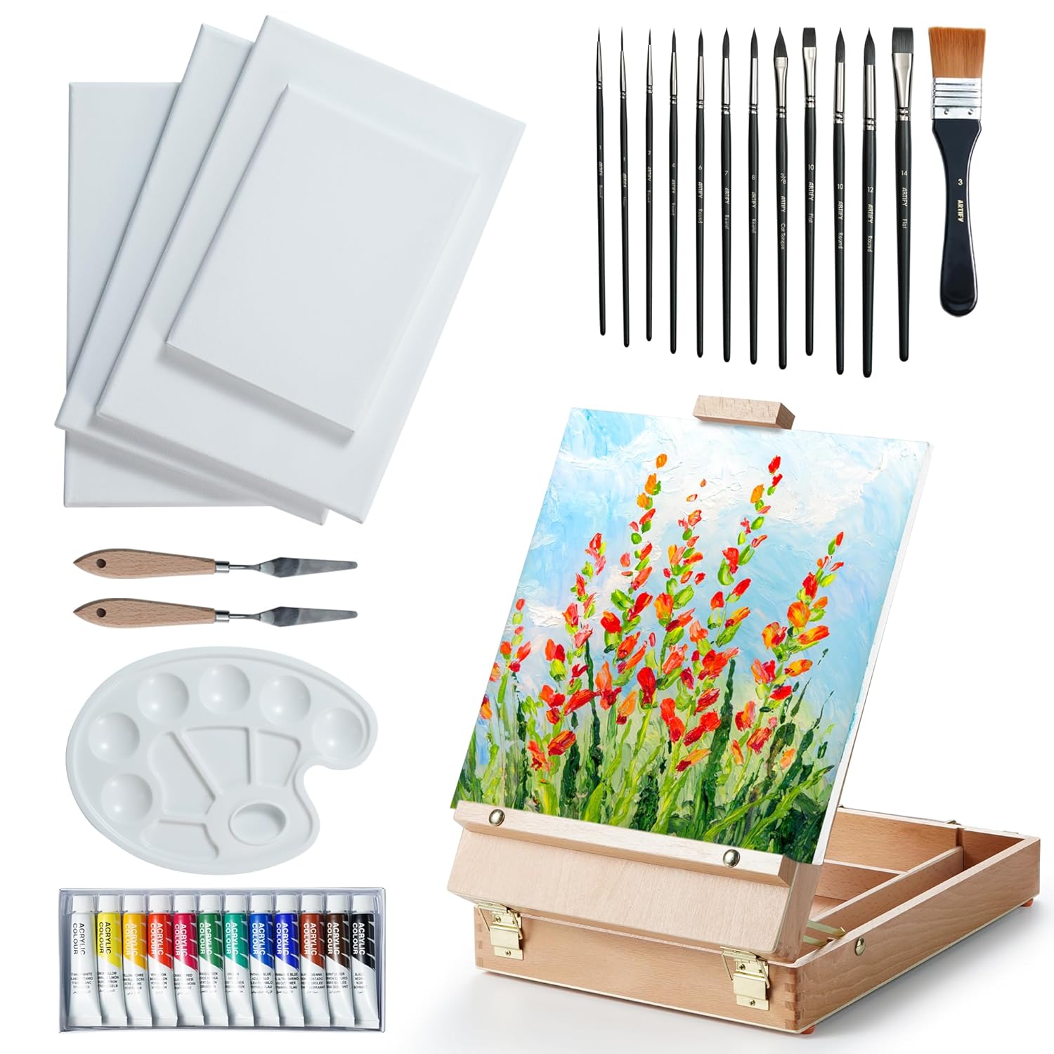 Kit, Tabletop Easel Set With 12 Acrylic Paints, 13 Paint Brushes, 4 Canvas Boards, 2 Palette Knives & Plastic Palette, Gift For Artists & Adults