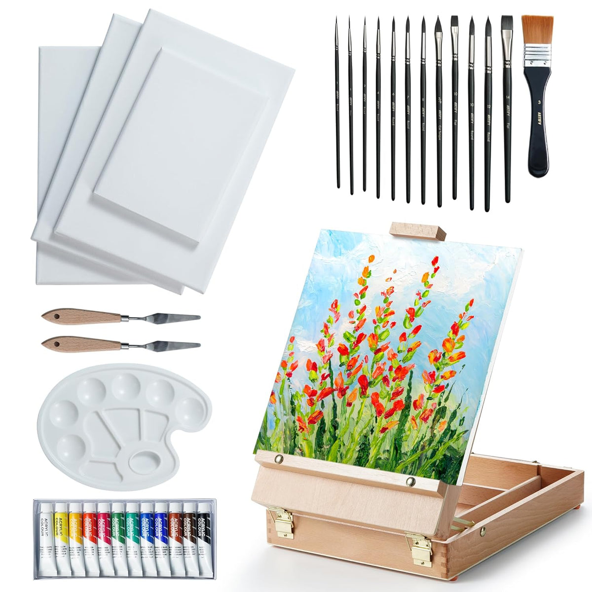 Kit, Tabletop Easel Set With 12 Acrylic Paints, 13 Paint Brushes, 4 Canvas Boards, 2 Palette Knives & Plastic Palette, Gift For Artists & Adults