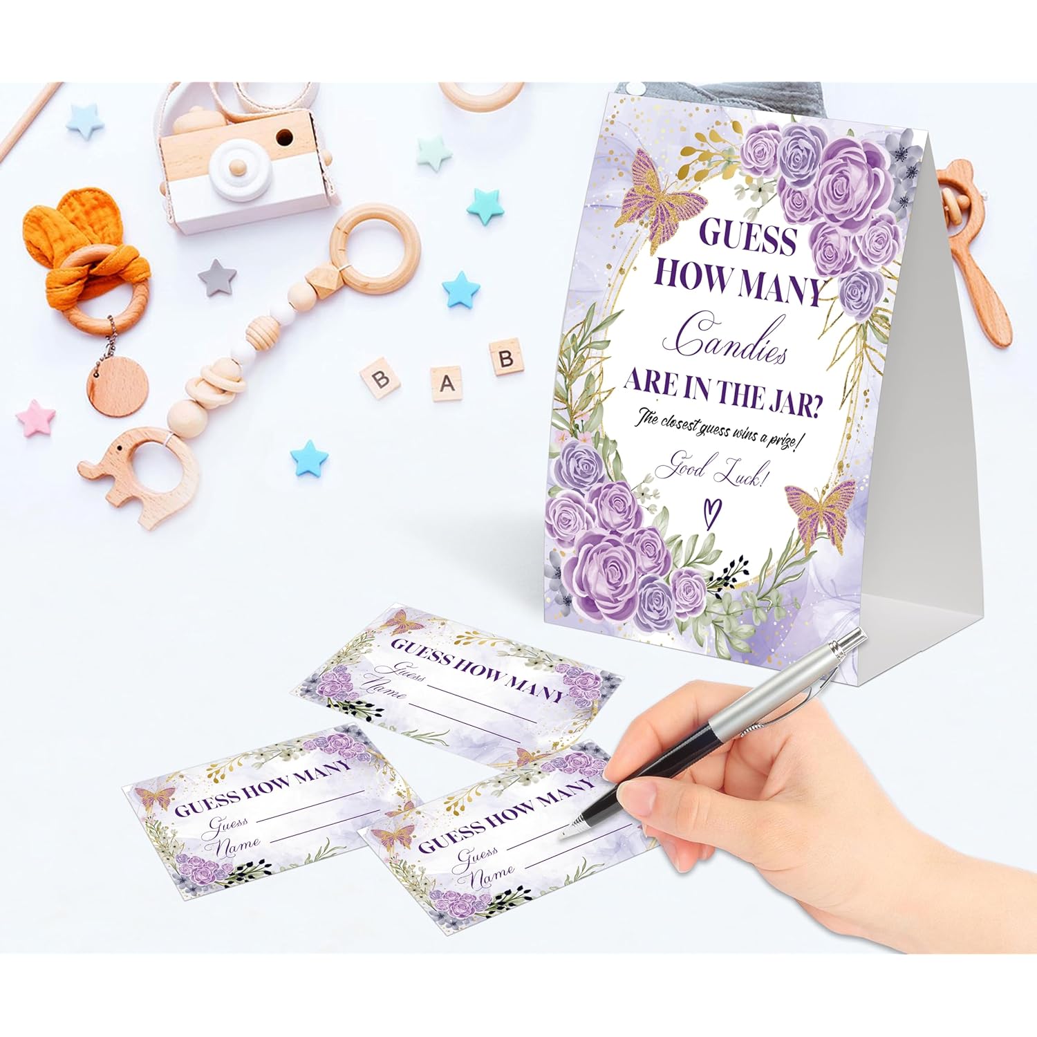 Lilac Gold Butterfly Guess How Many Candies Are In The Jar Game For Baby Shower, Pack Of One 5X7 Sign And 50 Guessing Cards, Floral Baby Shower Decoration, Gender Neutral Party Supplies - Gc01