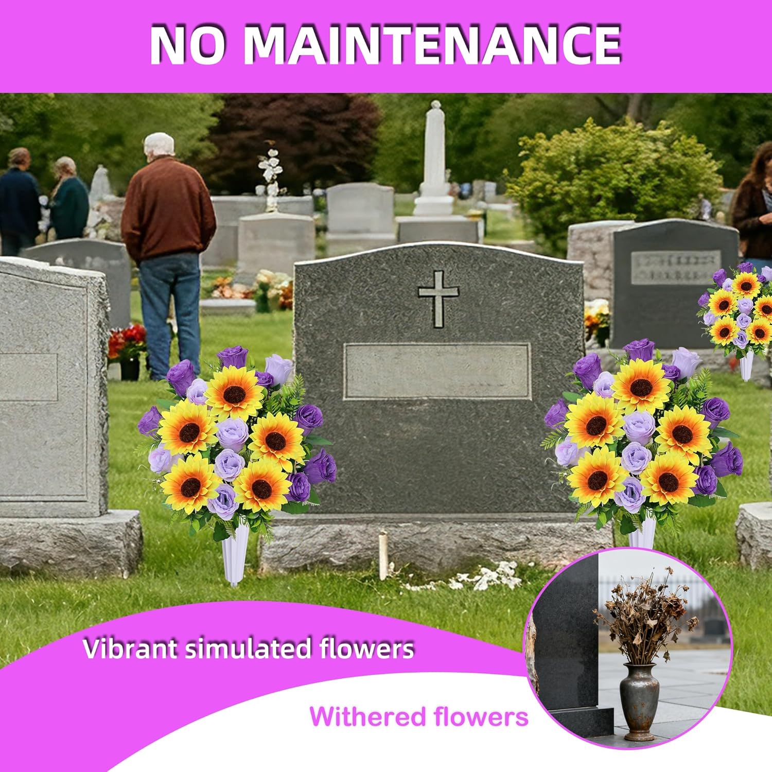 Artificial Cemetery Flowers For Grave,Set Of 2 Artificial Rose Sunflower Bouquet Graveyard Memorial Flowers For Outdoor Grave Decorations ? (Purple)