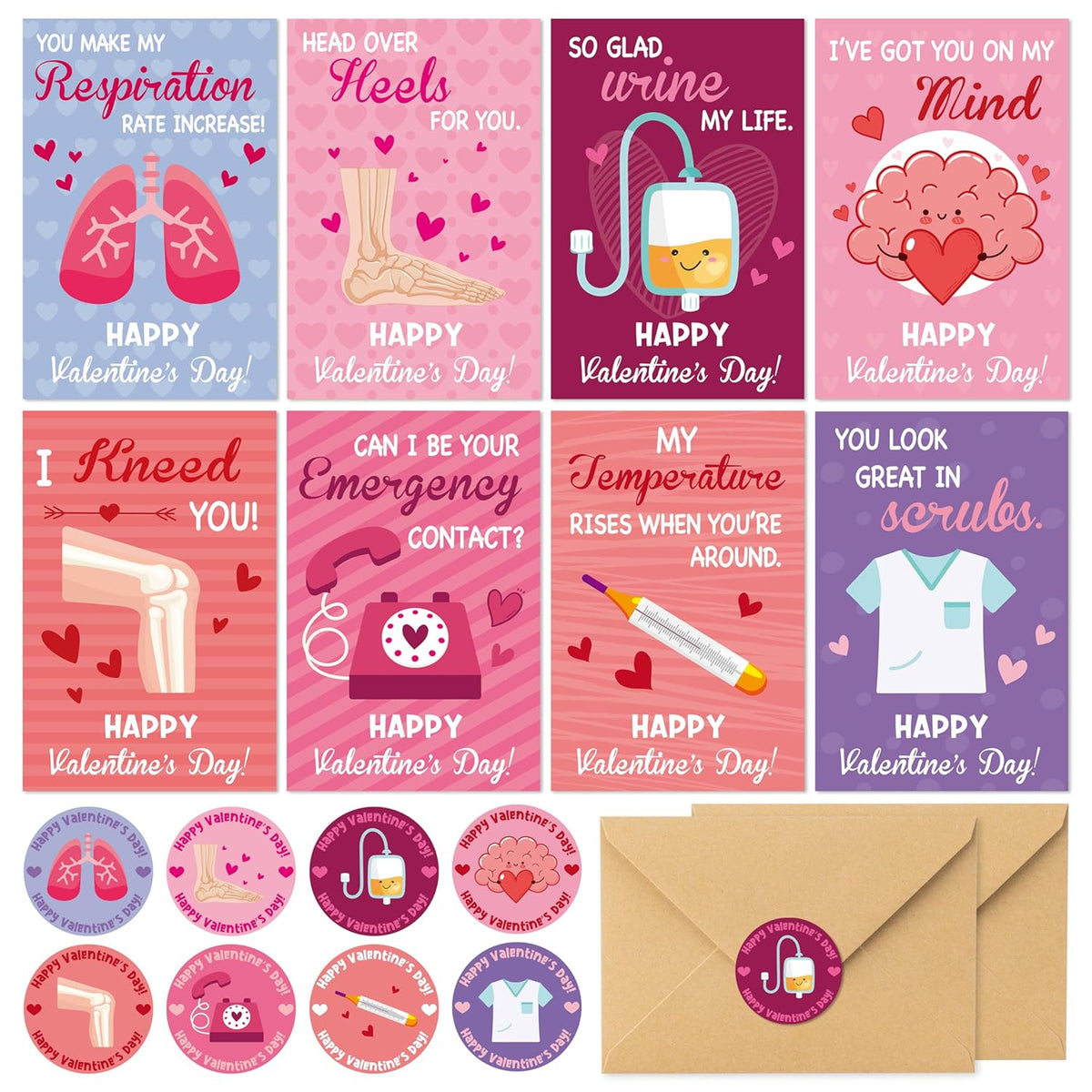Funny Medical Valentines Day Cards - 144Pcs Medical Pun Valentines Nurses Appreciation Cards For Coworker With Humorous Greeting Card, Stickers, Envelopes For Valentine Exchange Gift (48 Set)
