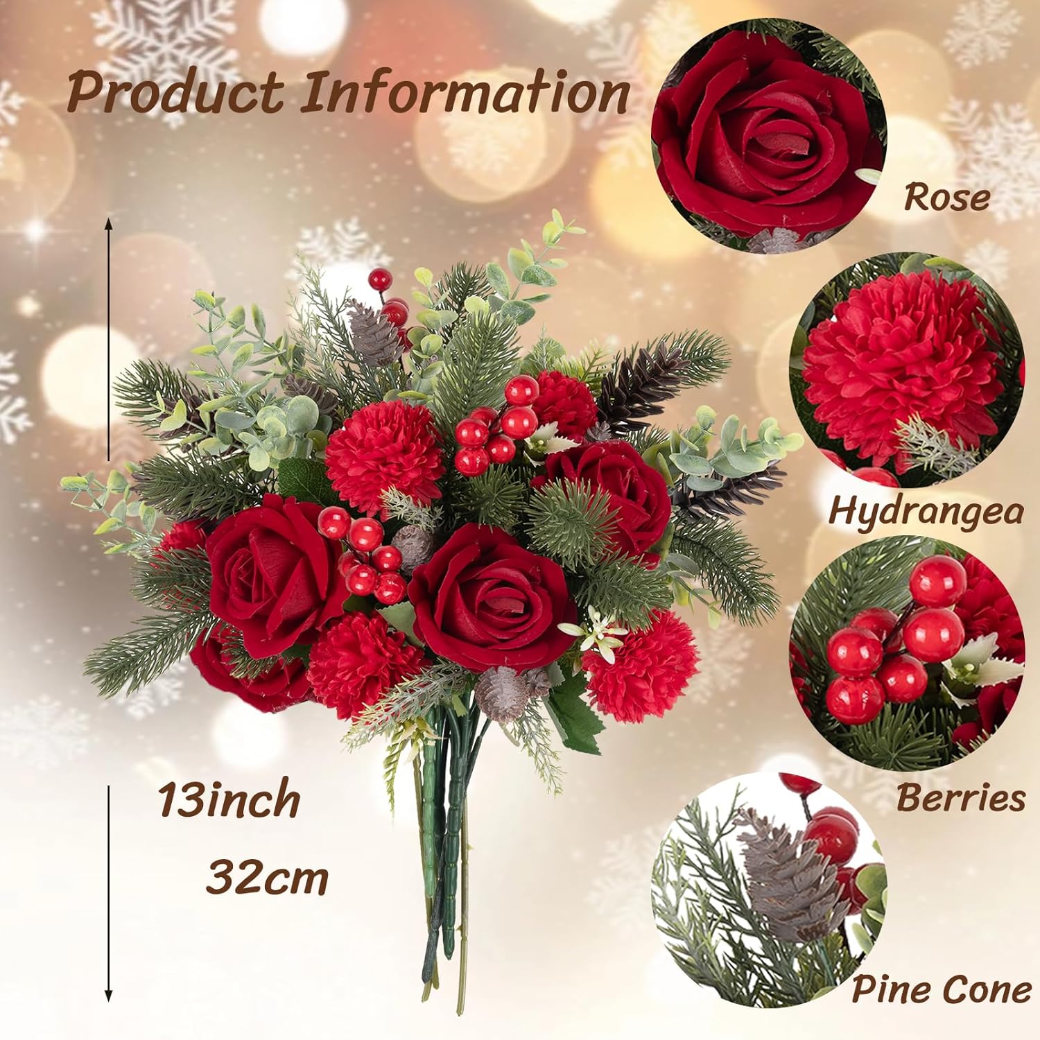 Christmas Artificial Flowers Red Berries Green Pine Neddles Fake Christmas Flowers Bouquet With Roses And Hydrangea Christmas Floral Arrangement For Home Table Holiday Wedding Grave Decor (13")