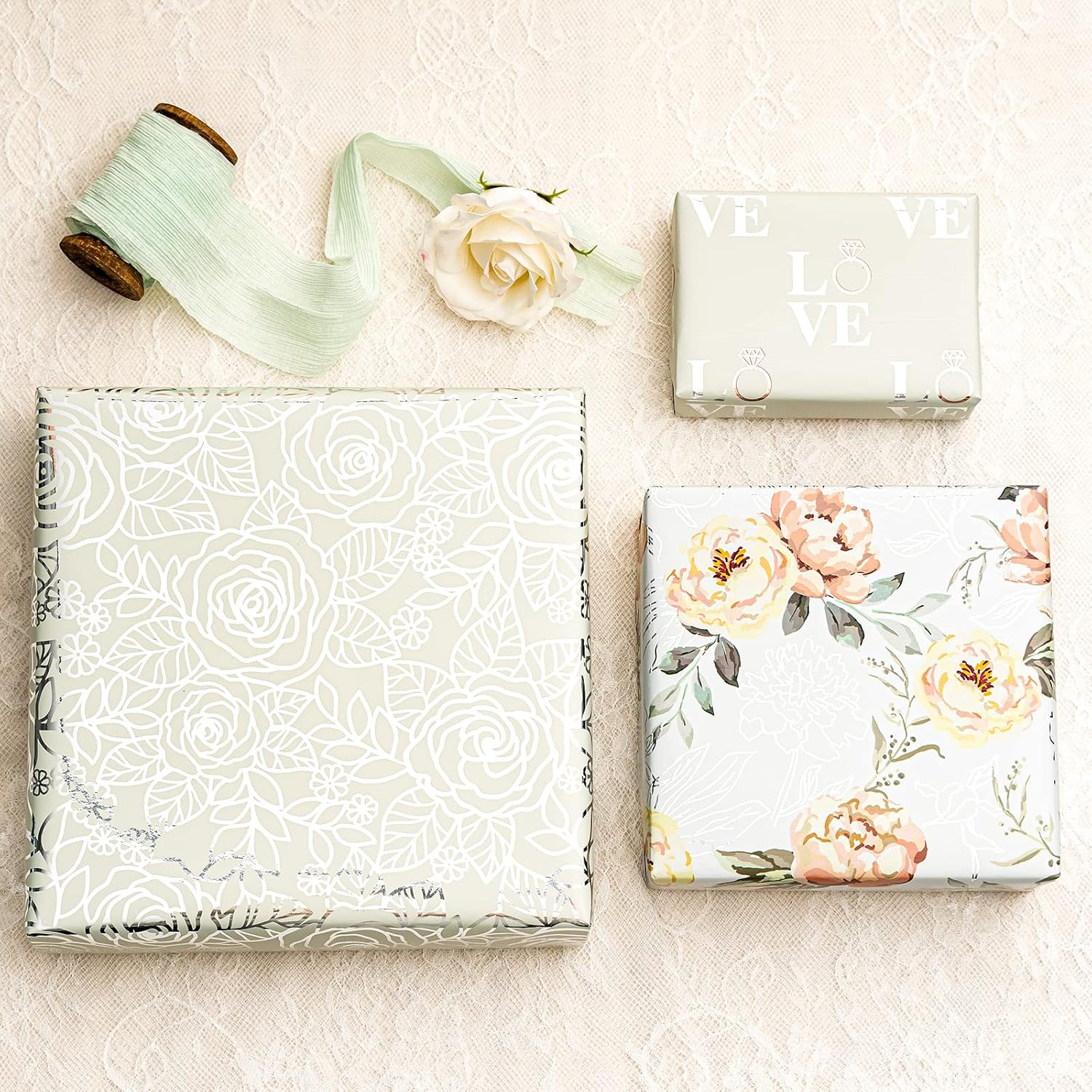 Wedding Floral Wrapping Paper Roll, Silver Flowers & Love Ring, Metallic Foil Design For Wedding, Engagement, Bridal Shower, Anniversary, Mini Roll, 17 X 120 Inches, 3 Rolls