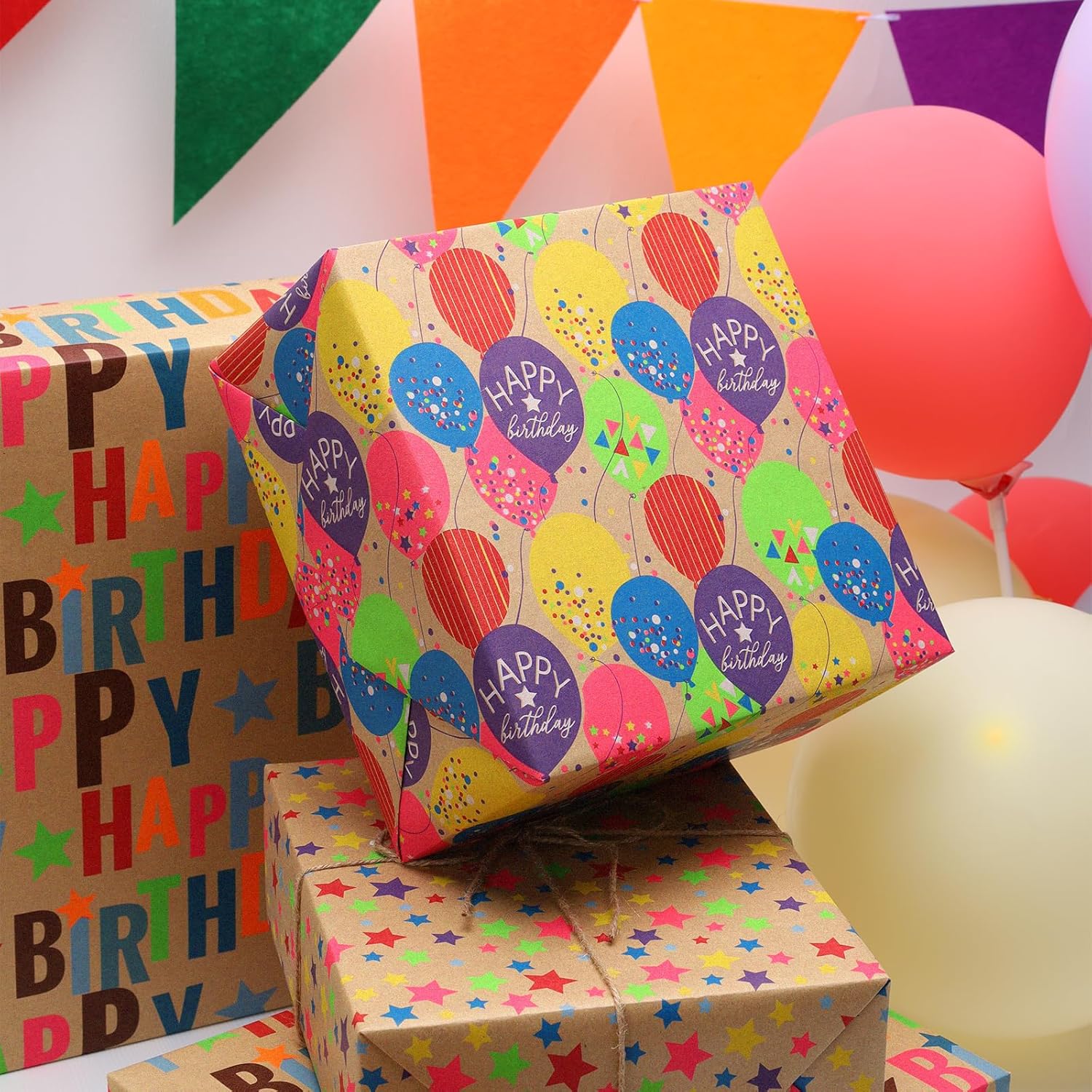 Kraft Wrapping Paper Roll Colorful Balloons Design Perfect For Birthday Holiday Wrap 17 Inch X 33 Feet