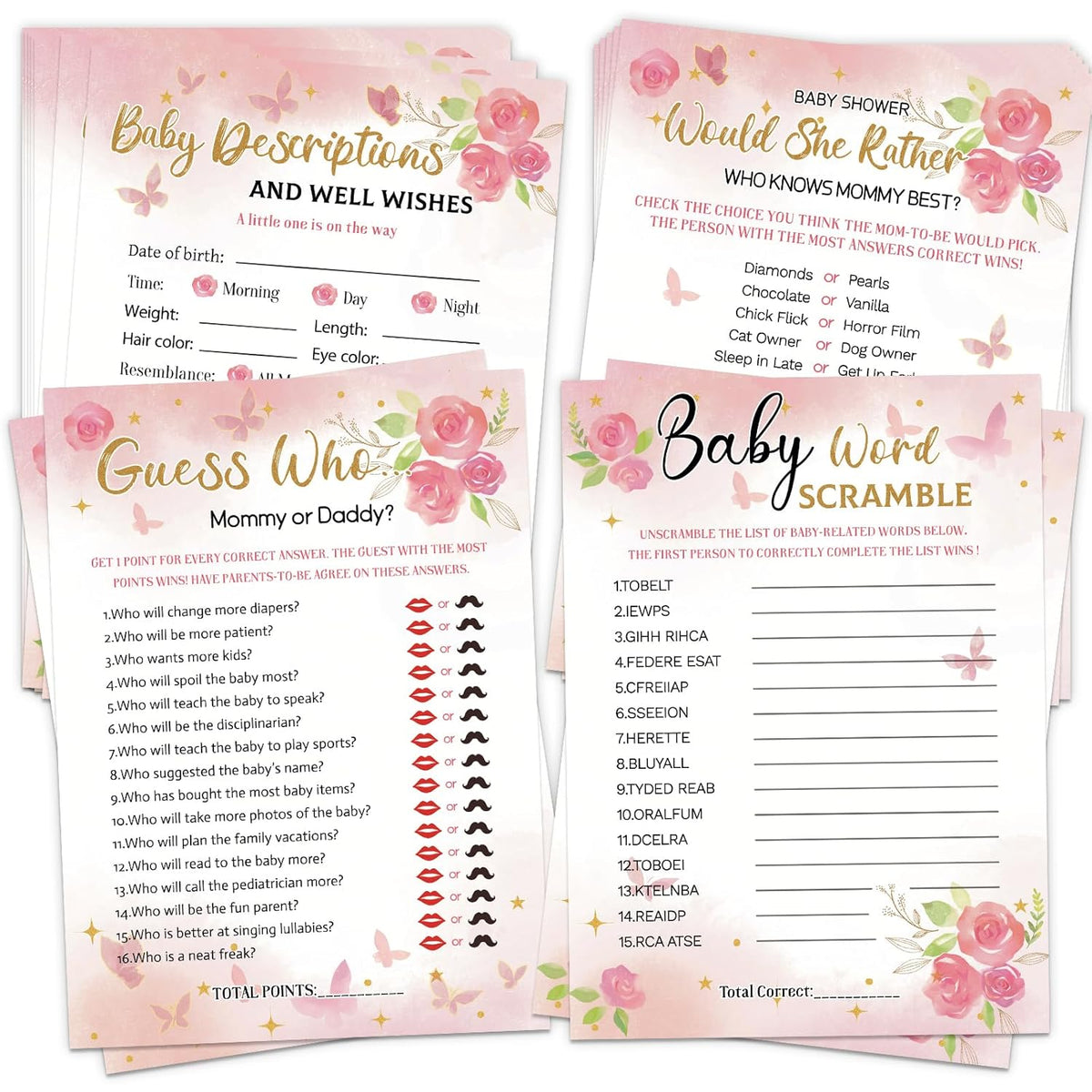 Baby Shower Games For Girl, 4 Fun Games For 25 Guests, Pink Floral Baby Shower Decorations, Who Knows Mommy Best, Guess Who Mommy Or Daddy, Word Scramble, Babies Descriptions & Well Wishes