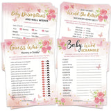 Baby Shower Games For Girl, 4 Fun Games For 25 Guests, Pink Floral Baby Shower Decorations, Who Knows Mommy Best, Guess Who Mommy Or Daddy, Word Scramble, Babies Descriptions & Well Wishes