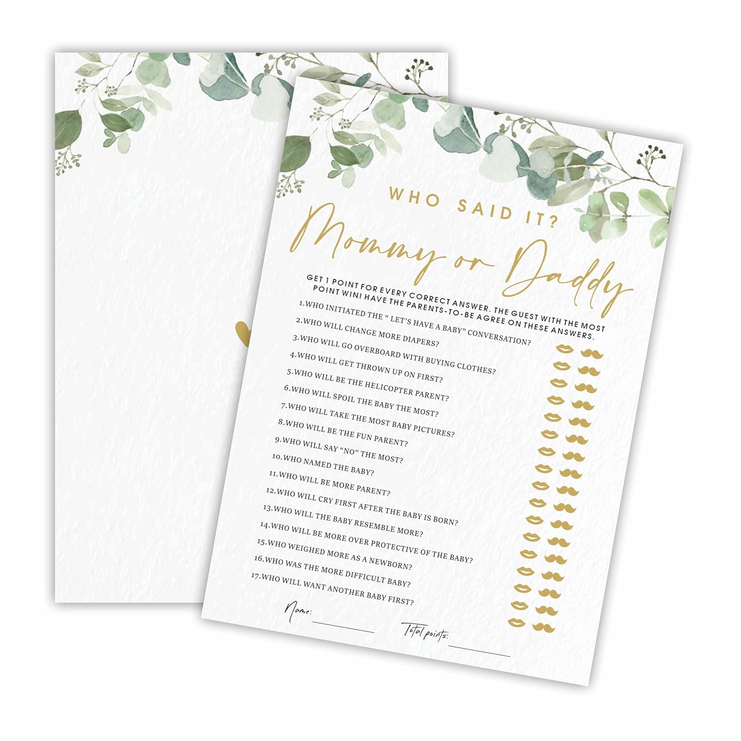 Guess Who Said It Mommy Or Daddy Baby Shower Game Cards - Golden Greenery - 30 Double-Sided Fill In Style Game Cards For Gender Reveal, Baby Announcement, Party Games & Activity - D04