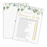 Guess Who Said It Mommy Or Daddy Baby Shower Game Cards - Golden Greenery - 30 Double-Sided Fill In Style Game Cards For Gender Reveal, Baby Announcement, Party Games & Activity - D04