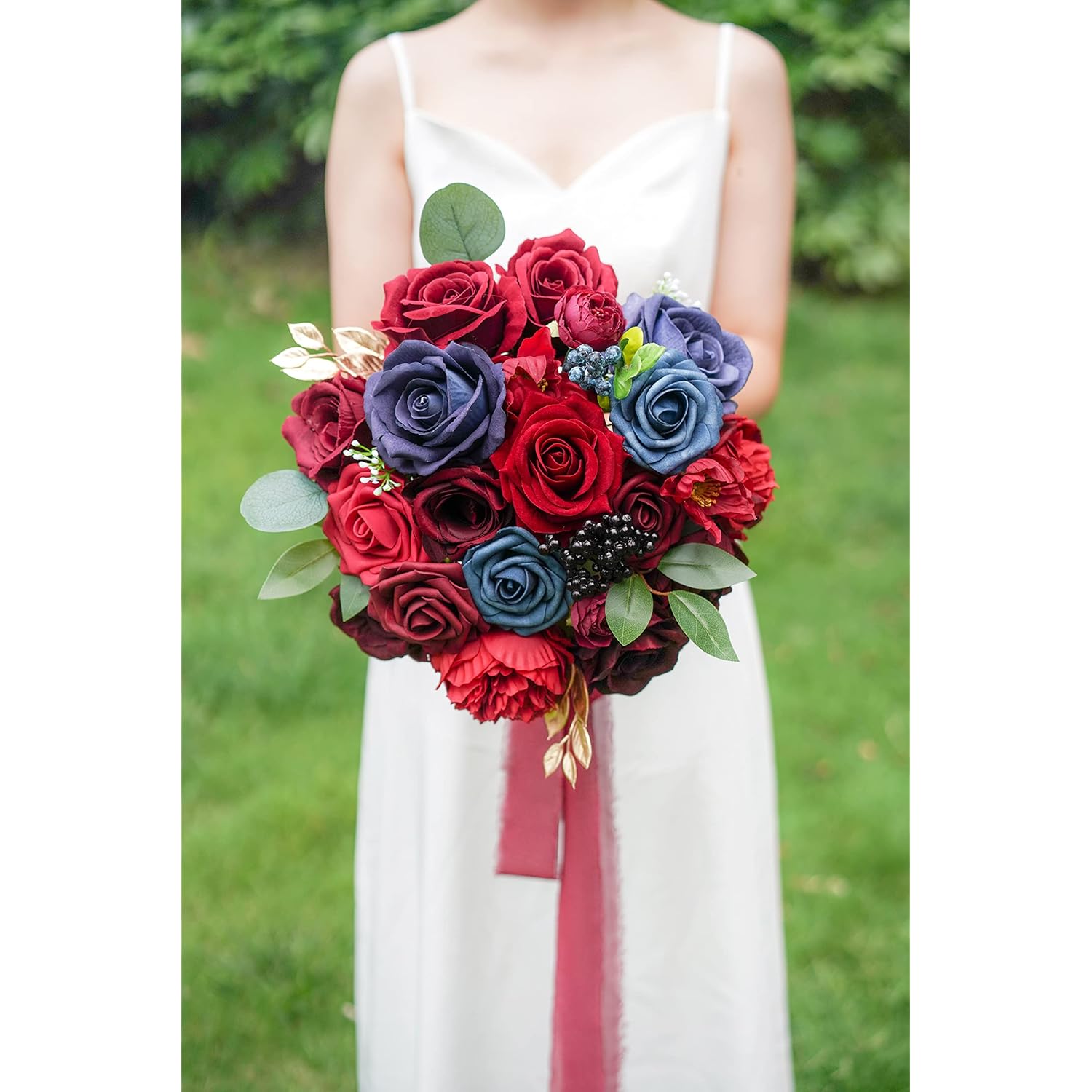 Artificial Flowers Wedding Flowers Combo For Silk Fake Flowers Roses For Diy Wedding Bouquets Burgundy Centerpieces Arrangements Party Bridal Baby Shower Home Decorations (Burgundy & Navy)
