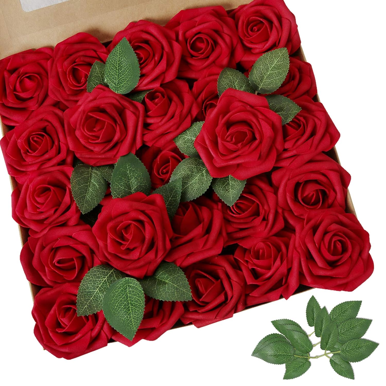 Artificial Flower Dark Red Rose 25Pcs Real Looking Fake Roses W/Stem For Diy Wedding Bouquets Centerpieces Arrangements Party Baby Shower Valentines Day Christmas Tree Decorations