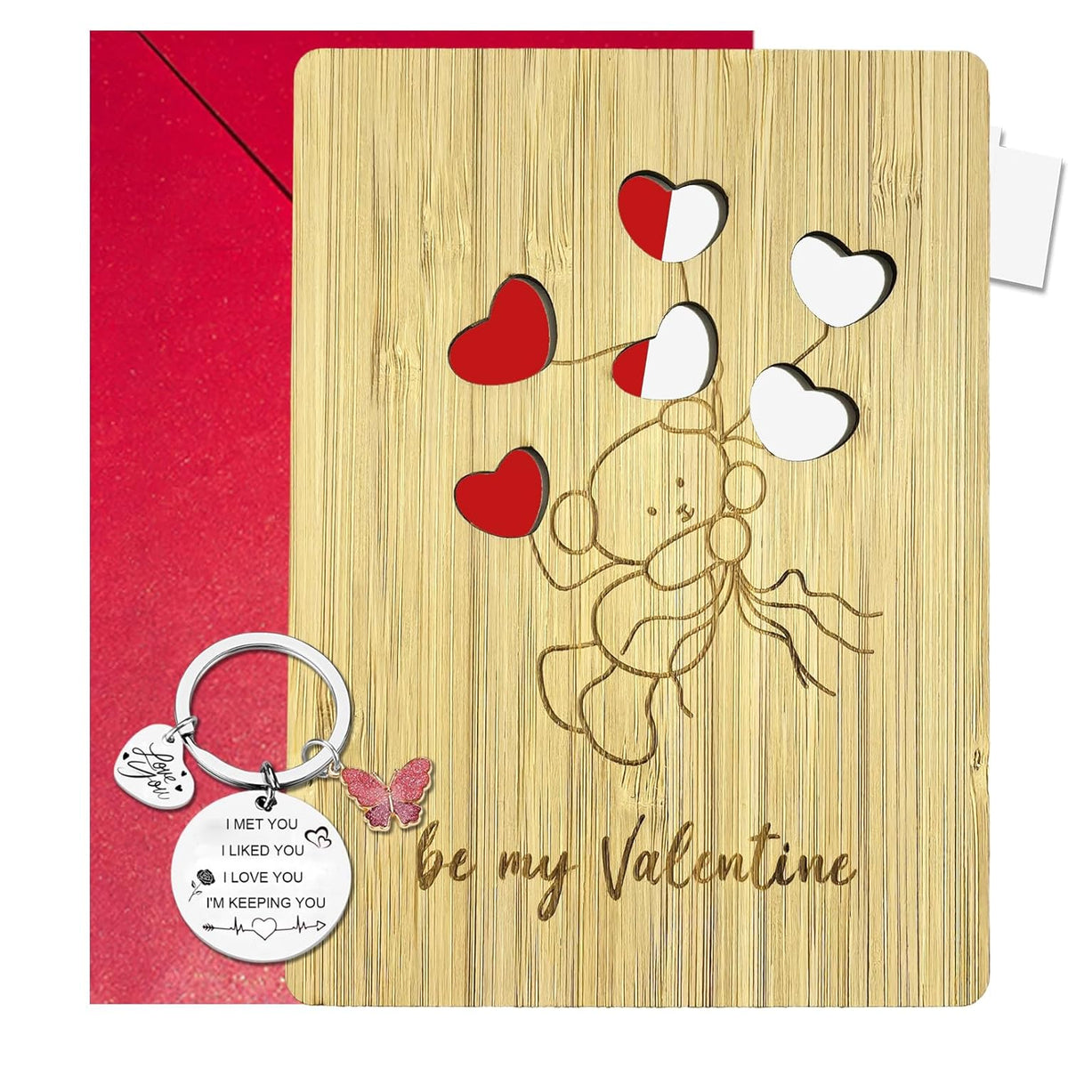 Handmade Wooden Valentine'S Cards, Love & Anniversary Greeting Cards With Cash Holder And Heart Keychain For Him Her Boyfriend Girlfriend, Valentines Gifts, Gifts For Boyfriend Girlfriend (Bear)