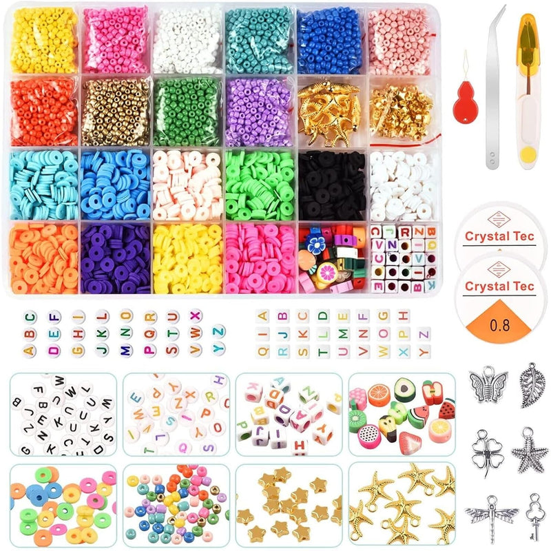 7200+Pcs Clay Beads For Bracelet Making, 24 Colors Flat Round Polymer