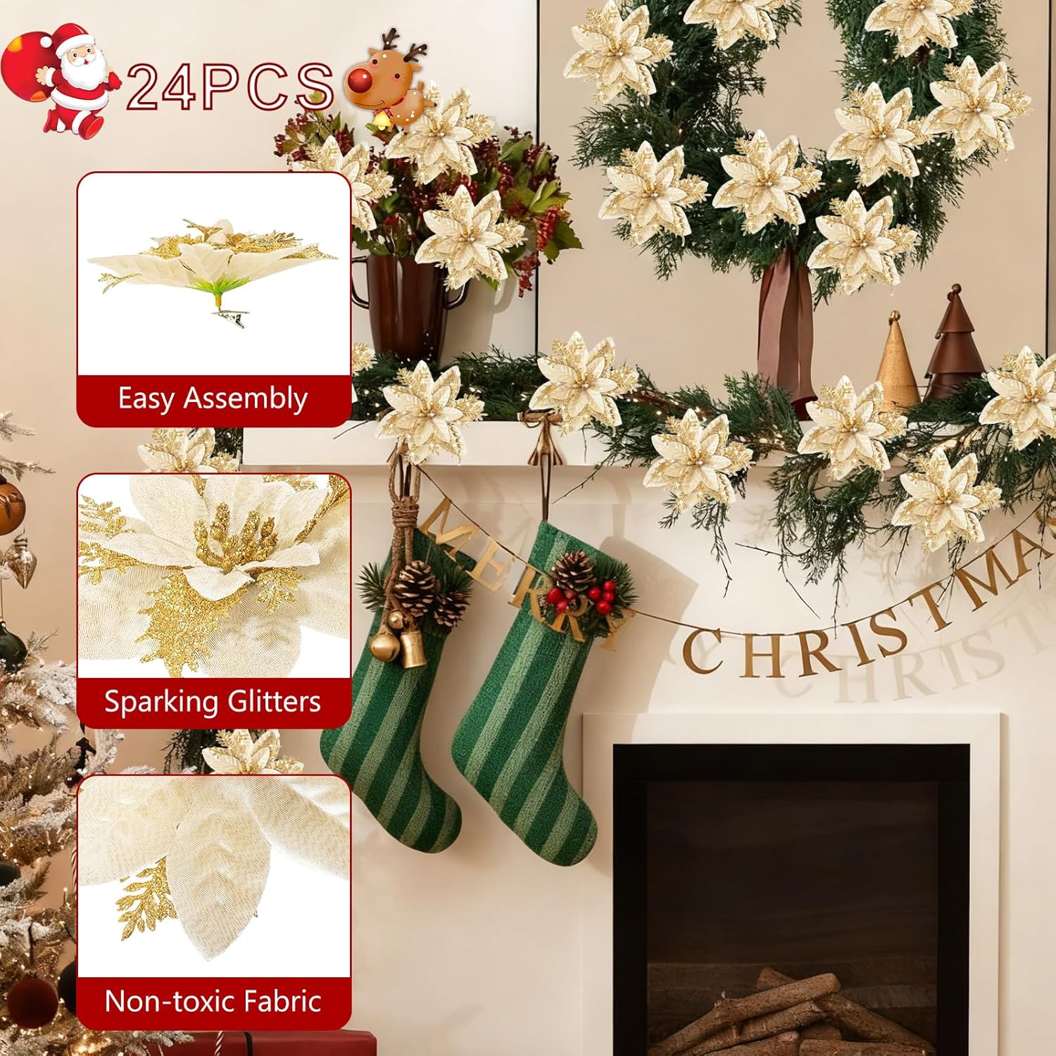 24 Pcs Christmas Artificial Poinsettia Flowers, 5.9" Glitter Artificial Christmas Flowers With Clips For Christmas Tree Diy Wreath Party New Year Decor (Gold)