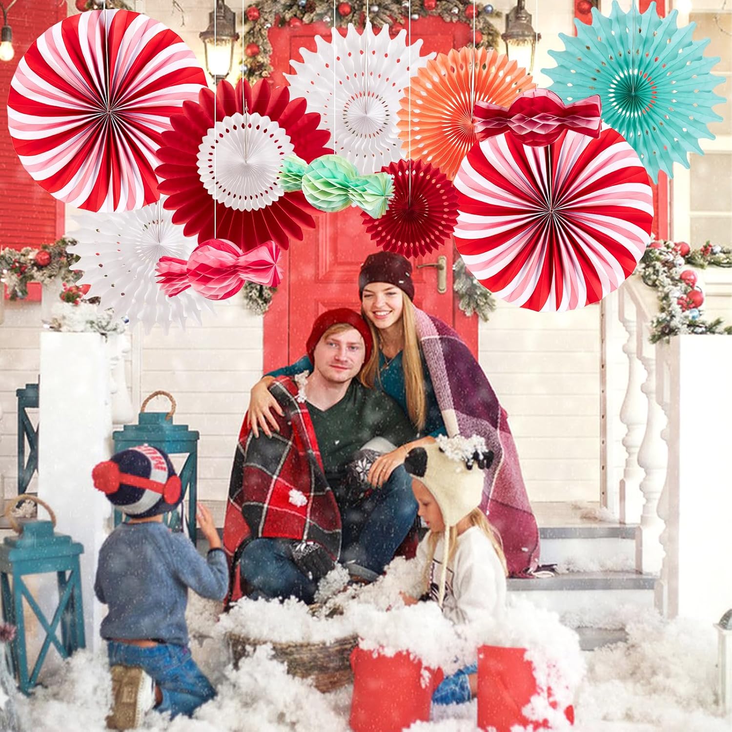 Christmas Hanging Paper Fans Decoration Christmas Peppermint Candy Hanging Ornaments Party Ceiling Hangings Deco Candy Tissue Paper Fans Backdrops Party Supply