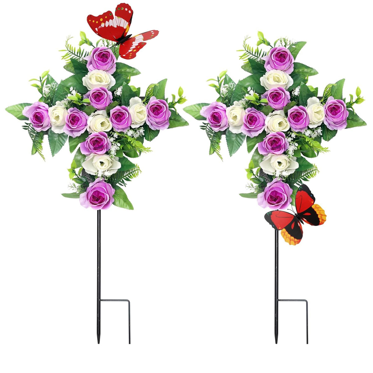 Artificial Cemetery Flowers,Set Of 2 Faux Floral Cross,Artificial Rose Bouquet Decoration For Cemetery Headstones Gravesites,Silk Flowers For Long-Lasting Remembrance (Purple)