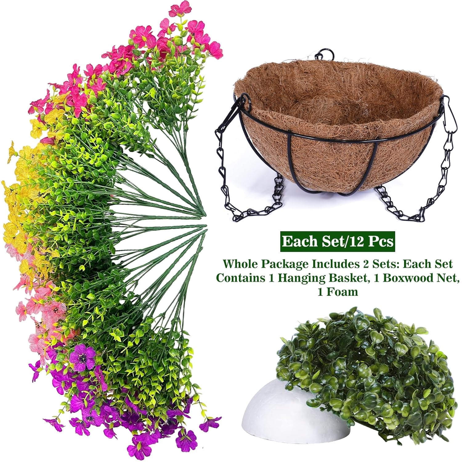 2 Sets Artificial Outdoor Flowers With Hanging Basket, Fake Hanging Plants Set Of 2 Includes 24 Pcs Flowers For Porch, Patio, Garden, Home Decor In Spring Summer (Red, Purple, Yellow, Rose Red)