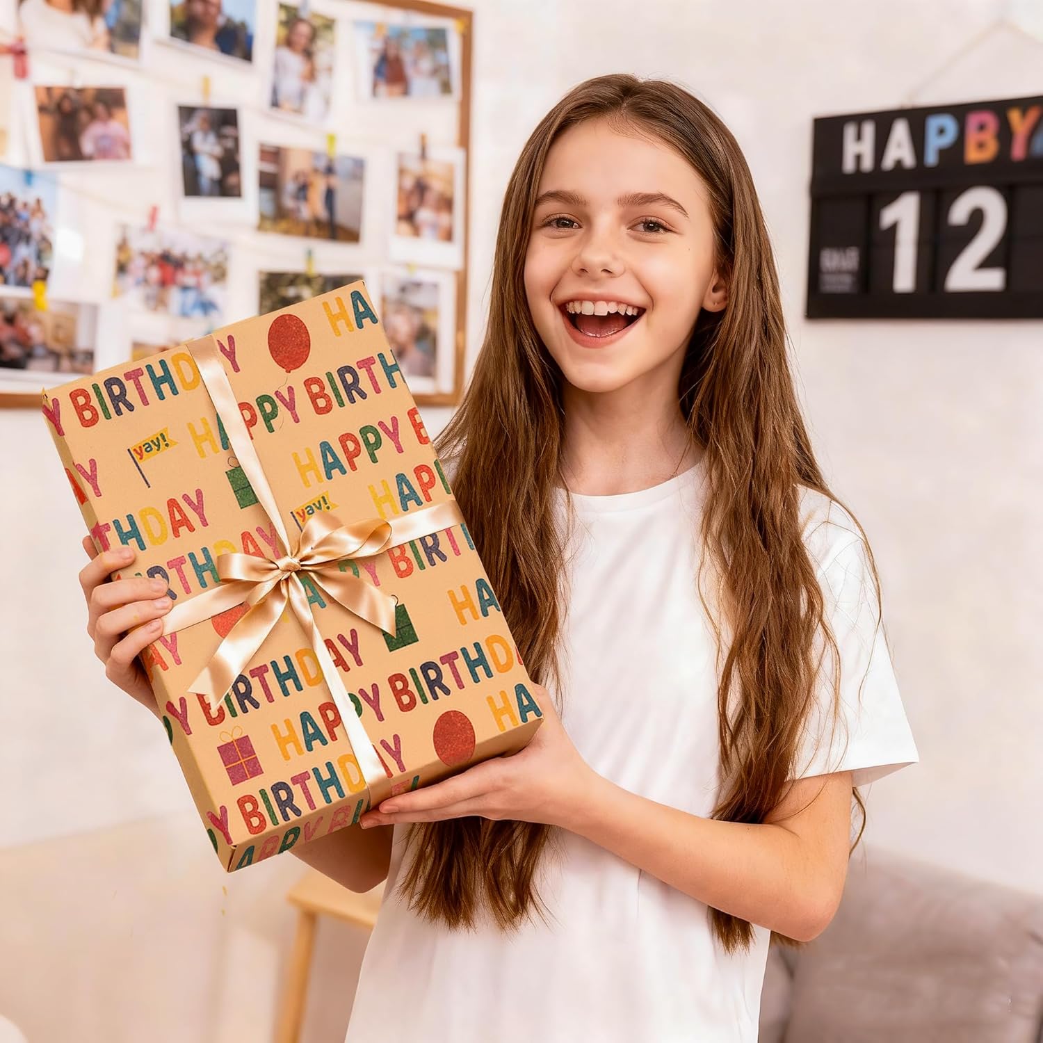 Birthday Wrapping Paper, Gift Wrapping Paper Roll, Kraft Wrapping Paper 17 Inch X 33 Feet, Colorful Happy Birthday Pattern For Boys Girls Kids, Great For Holiday, Party, Baby Shower