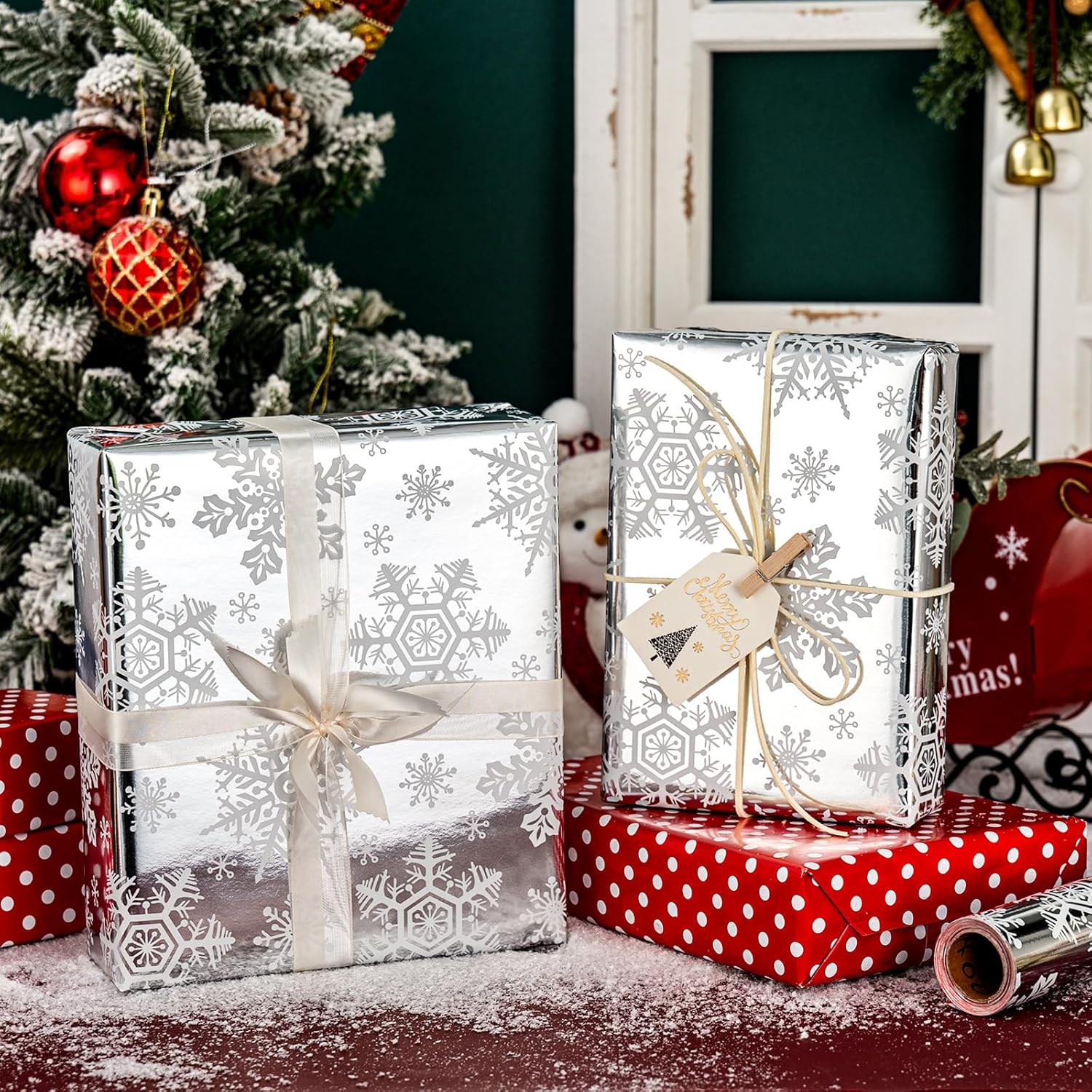 Reversible Christmas Wrapping Paper, Silver Snowflakes Wrapping Paper, Minimalist Festive Winter Snowflake Christmas Gift Wrap W/Glossy Foil-Like Shine For Holiday Presents (17 Inch X 33 Feet)