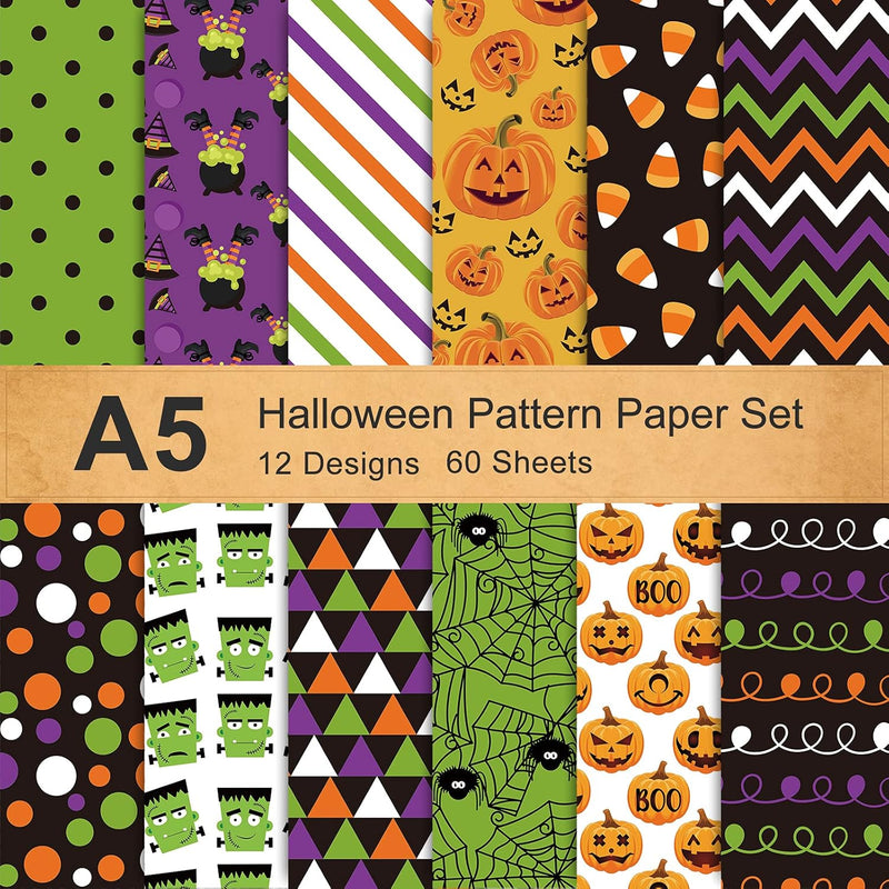 12 Designs Halloween Pattern Paper Set A5 Size 60 Sheet Pumpkin Spider