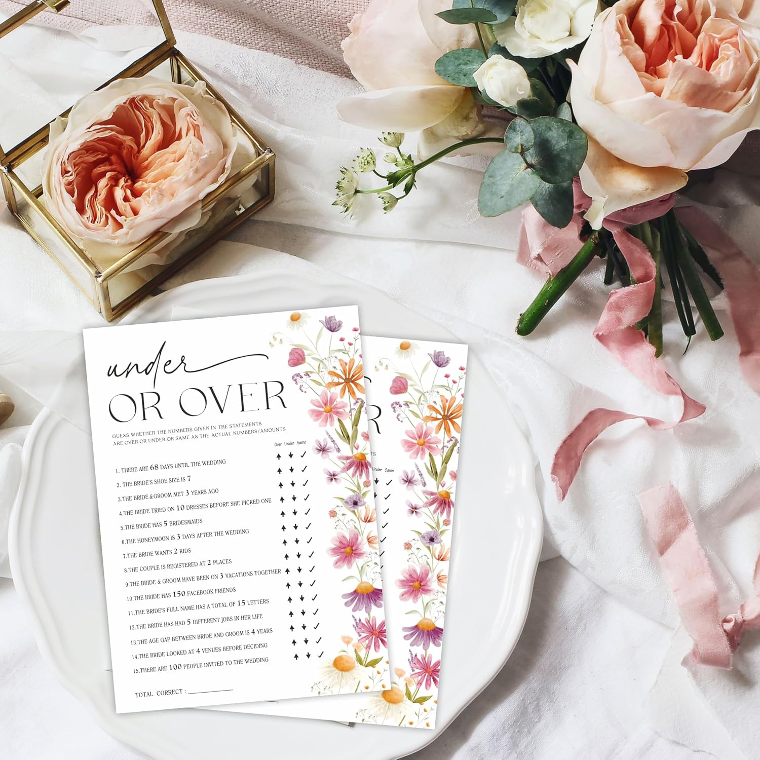 Floral Under Or Over Wedding Game Cards -5 X 7 Inches Double -Sided Fill-In Wedding Shower Games For 30 Guests -Newlyweds, Bridal Shower Activities Supplies & Decor -A04