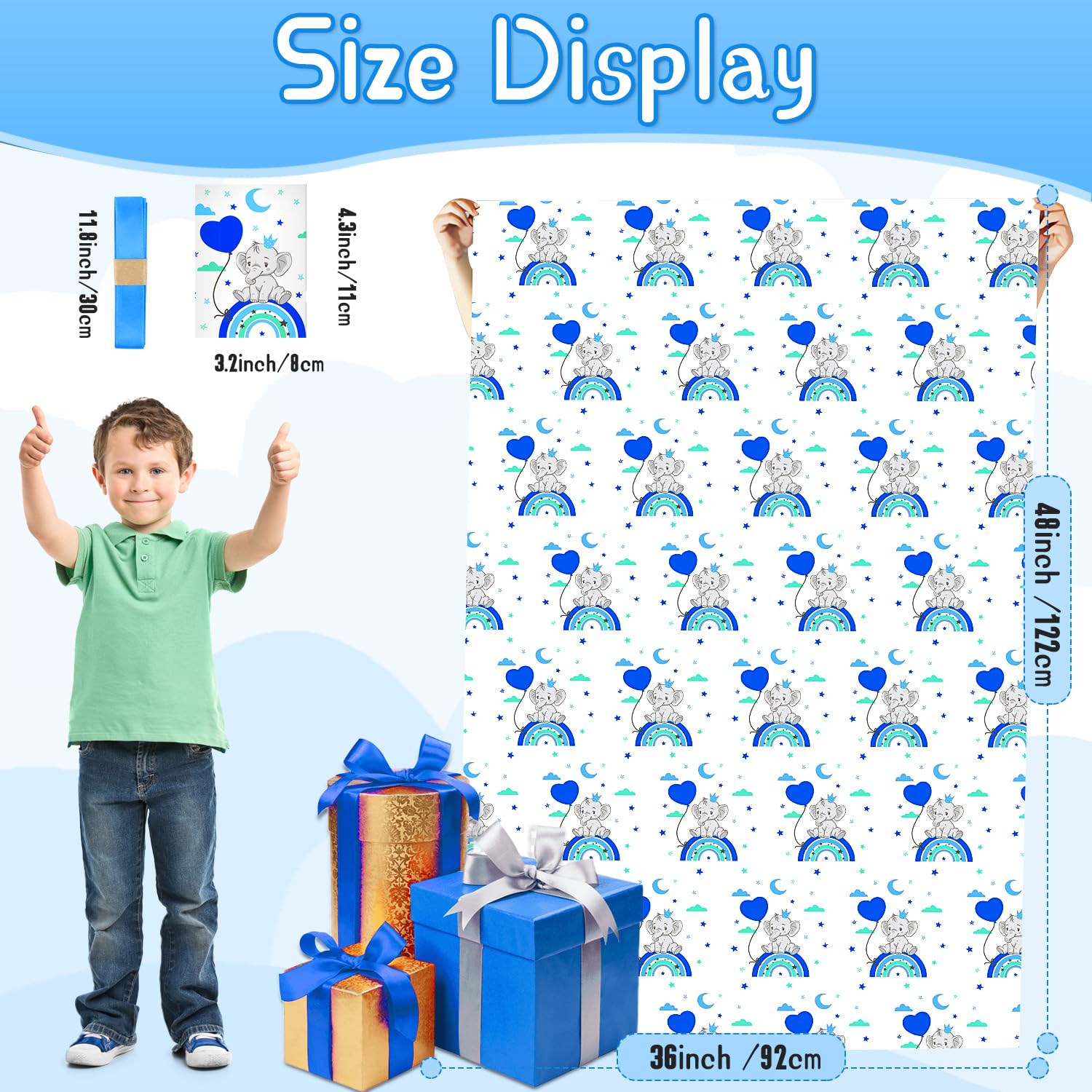 Extra Large Baby Gift Bag Baby Shower Bag Jumbo Giant,Xl Blue Elephant Rainbow Big Oversized Huge Gift Bag For Present Bluey Gift Wrap Plastic Bike Wrapping Bag For Large Gifts For Baby Boy(48Inch Blue 1Pack)