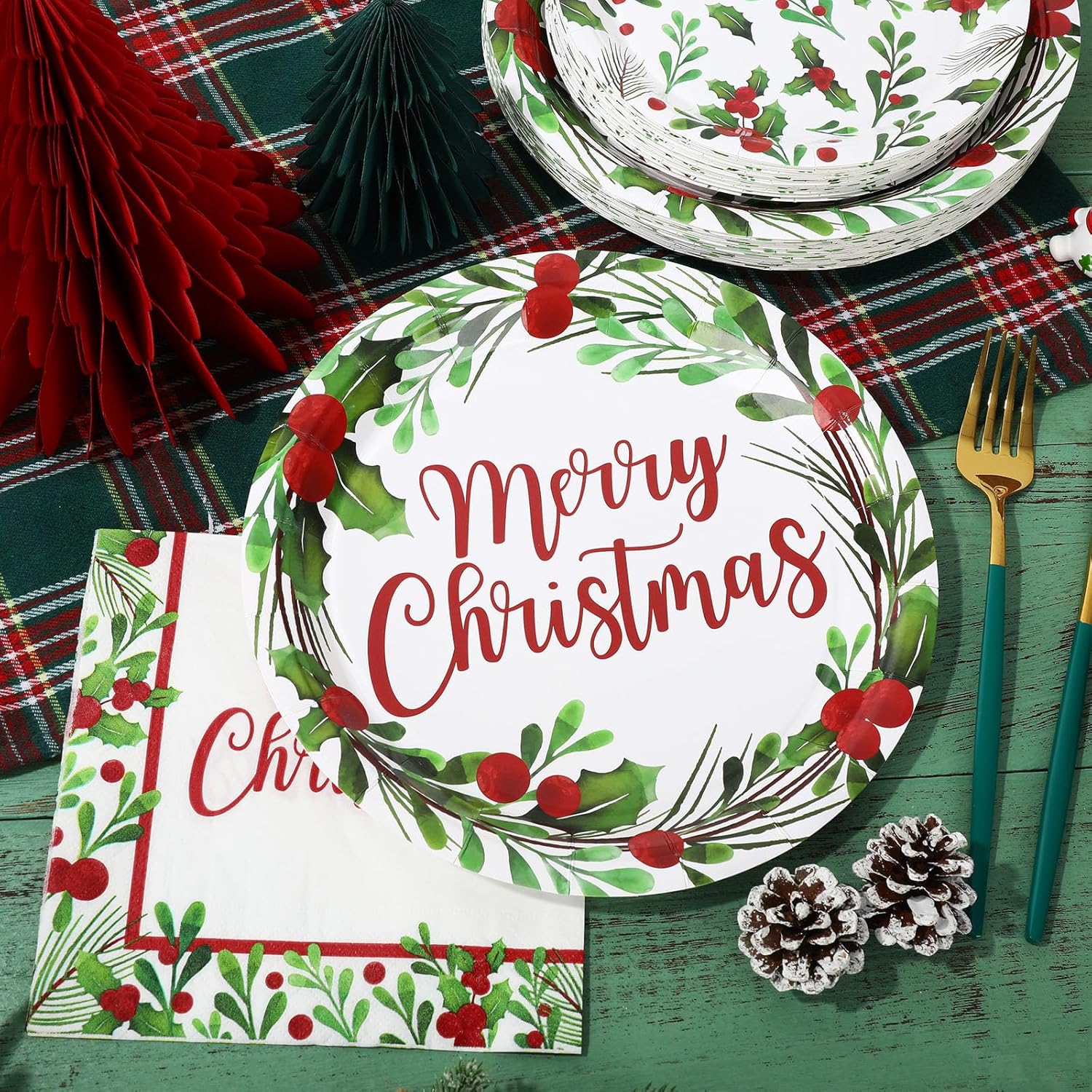 75Pcs Christmas Plates Napkins Watercolor Tableware Set Merry Christmas Disposable Paper Plates Napkins Plants Xmas Dinnerware For Holiday Party Table Supplies